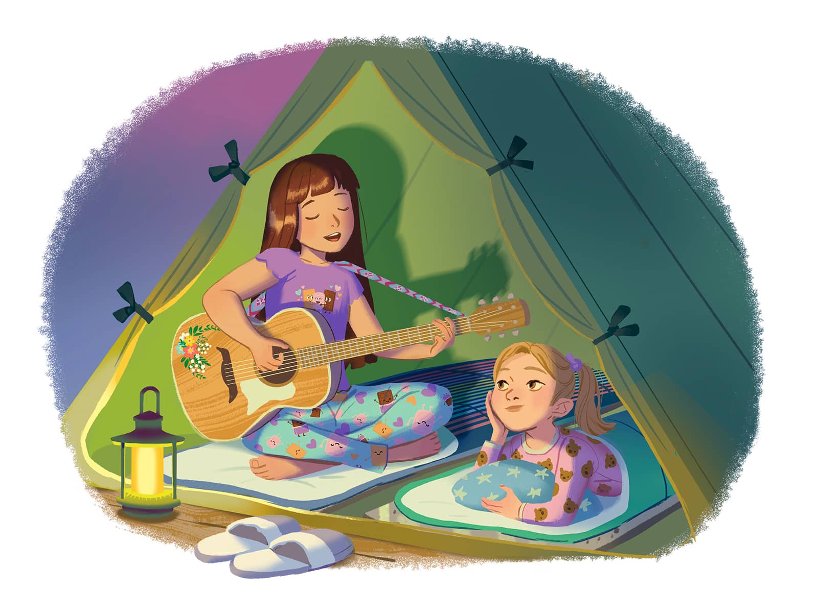Illustration of Daisy playing her guitar in a tent next to her friend