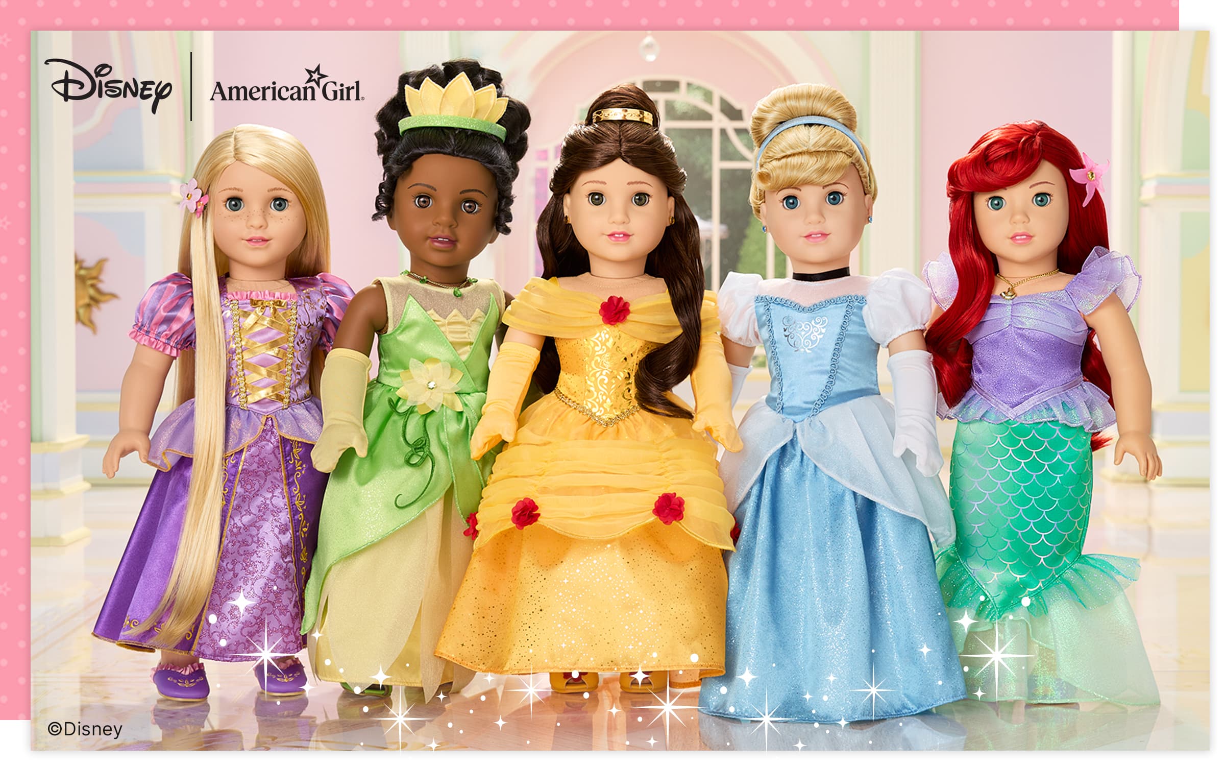 Disney Princesses Rapunzel, Tiana, Belle, Cinderella and Ariel