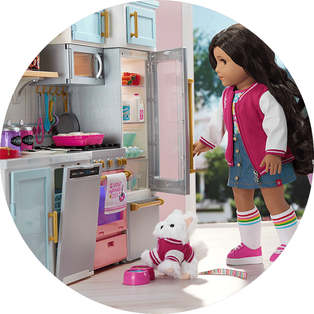 Doll in kitchen playset