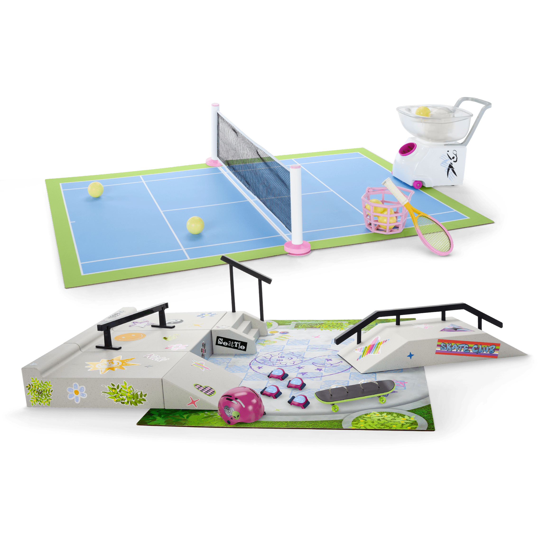 Isabel and Nicki's tennis court and skate park