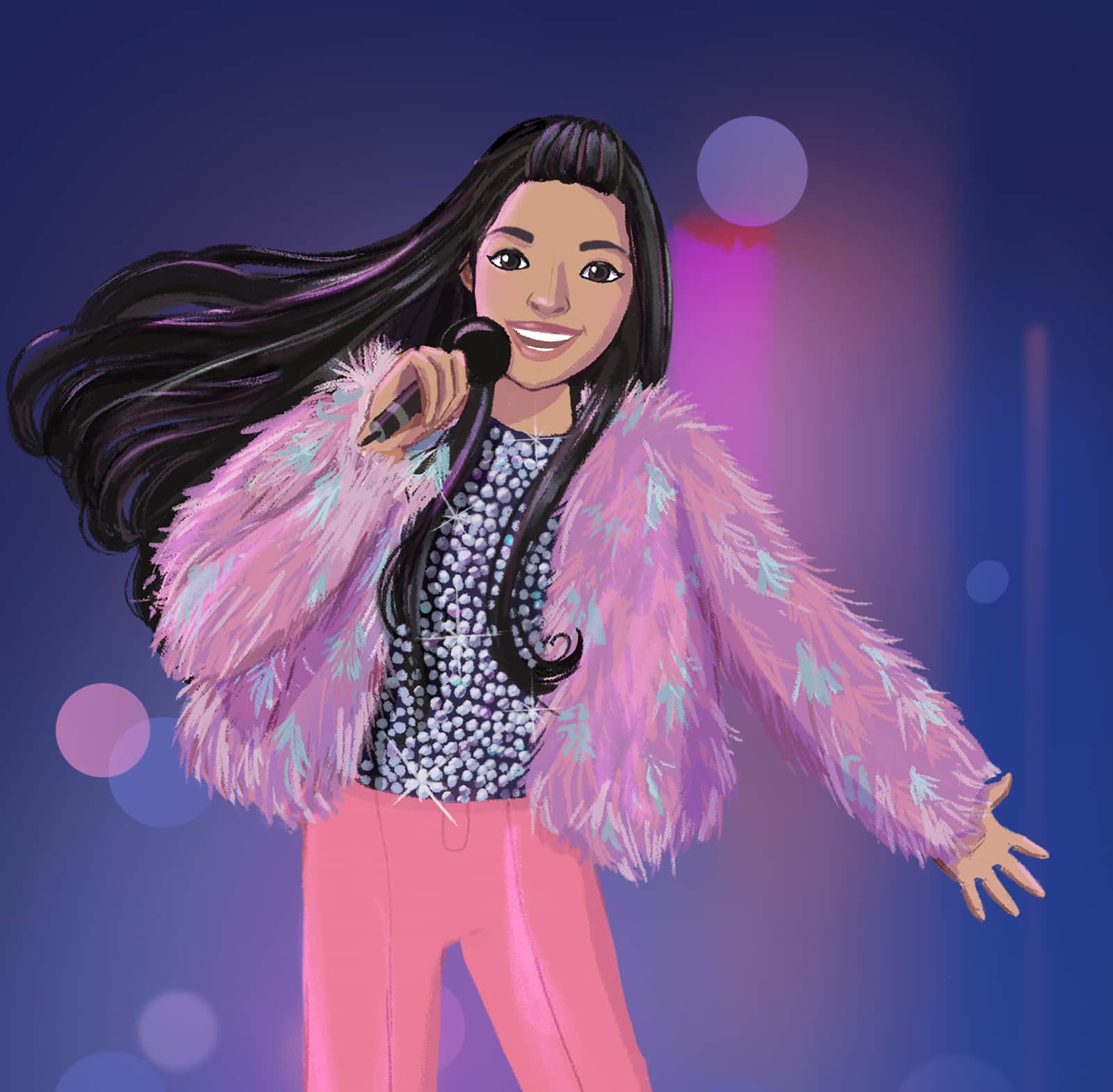 Kavi holding a microphone and singing