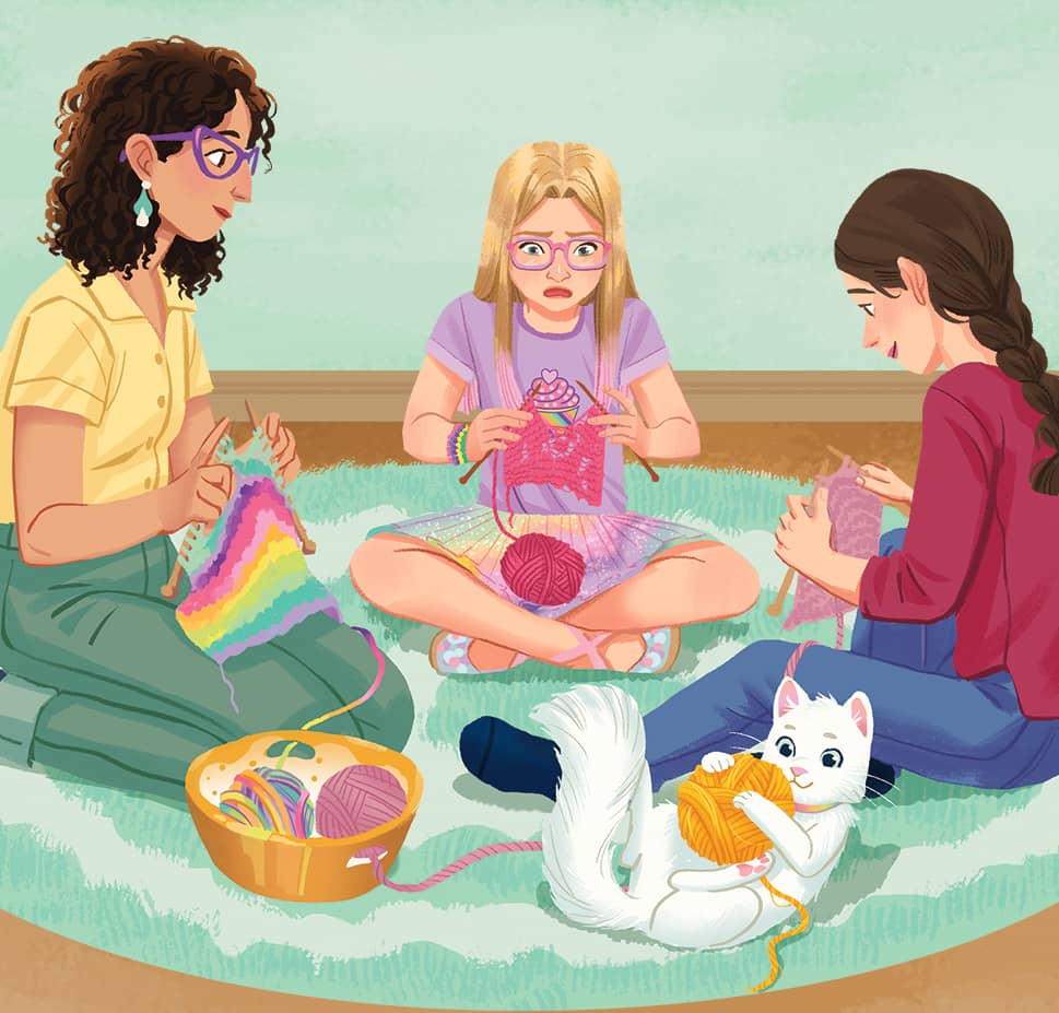 Aunt Olivia, Summer, and Holly knitting animal sweaters