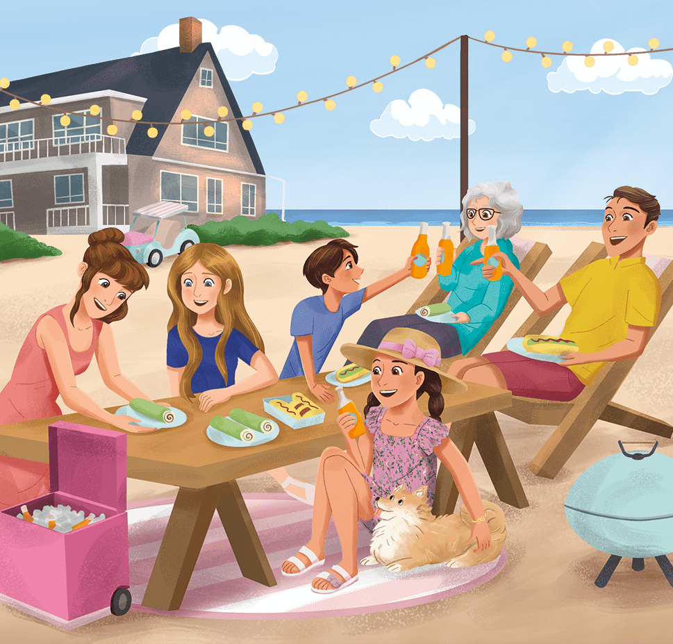 Raquel sitting on the beach with her family