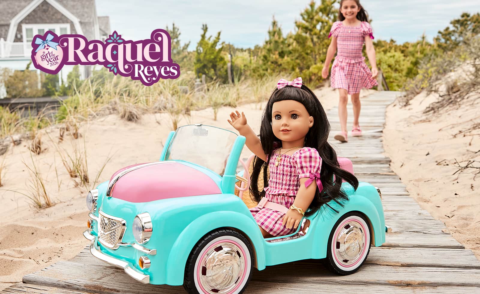 Image of Raquel Reyes in her car going down a boardwalk with girl following behind her