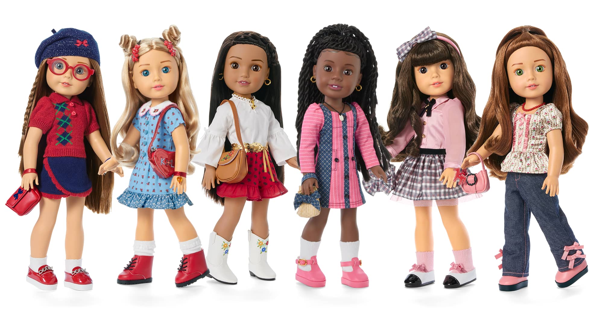 Image of Modern Era dolls Molly, Kirsten, Josefina, Addy, Samantha and Felicity standing side by side