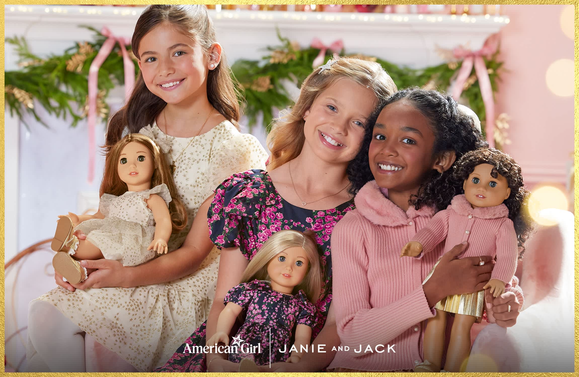 Girls and dolls wearing matching holiday outfits