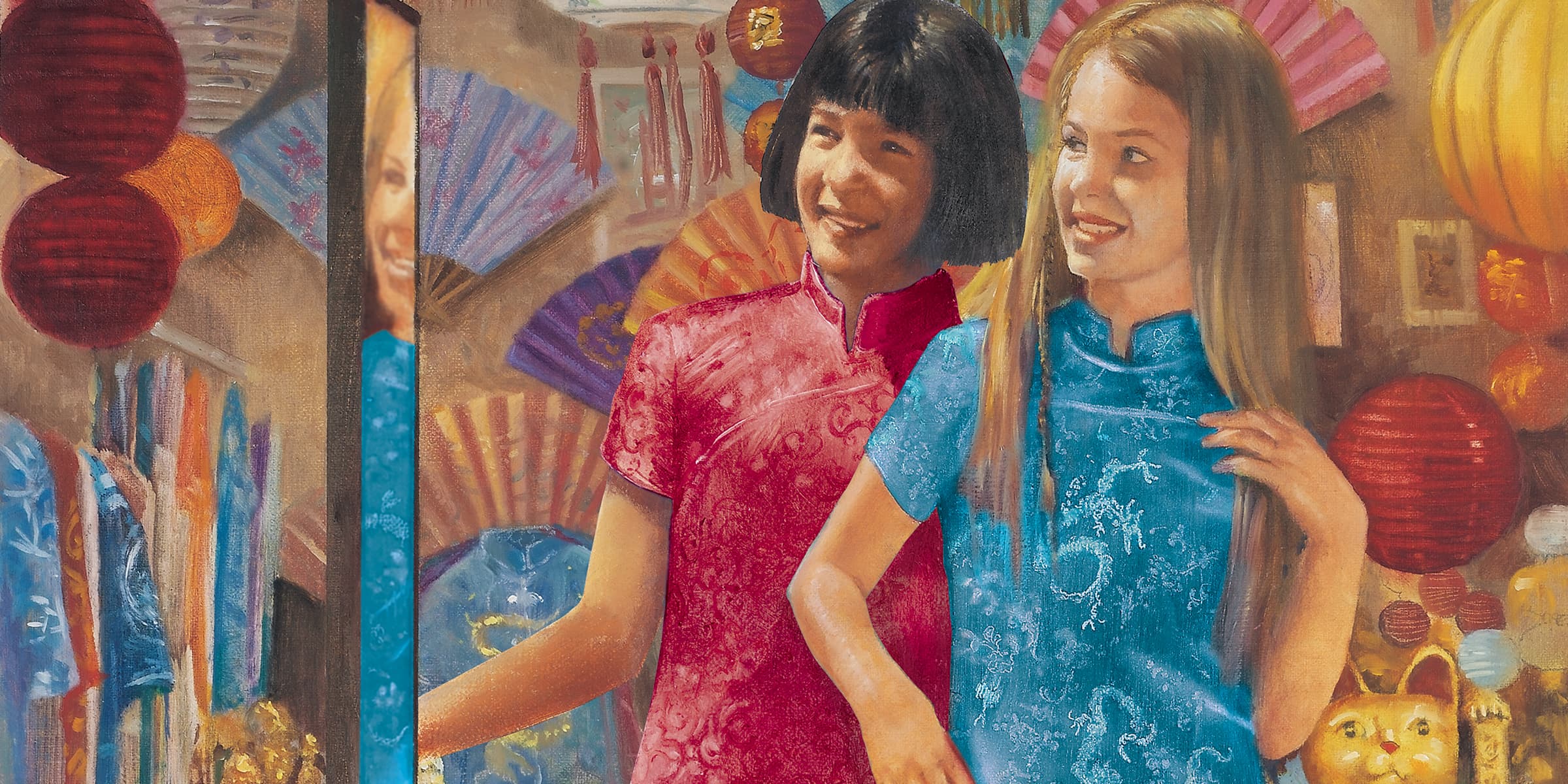 Illustrated image of Julie and Ivy at a Chinese New Year celebration