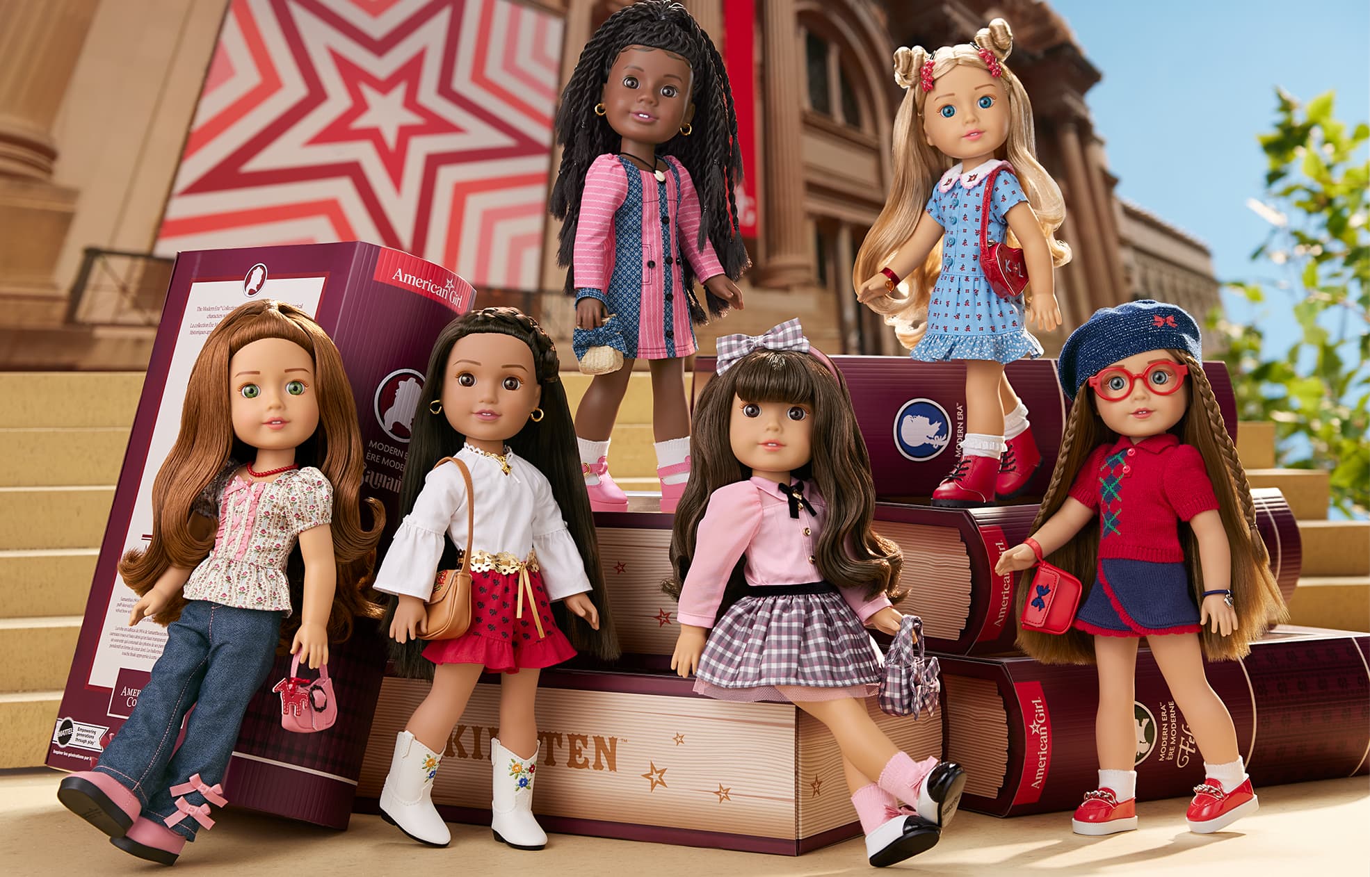 Image of Modern Era dolls Felicity, Josefina, Addy, Samantha, Kirsten, and Molly standing and sitting on books