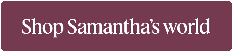 Maroon button that says Shop Samantha's world