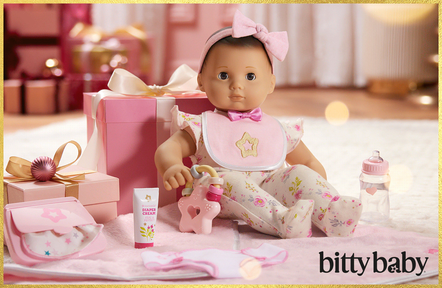 Gif featuring various American Girl doll collections, such as Bitty Baby, WellieWishers, and AG Sisters.