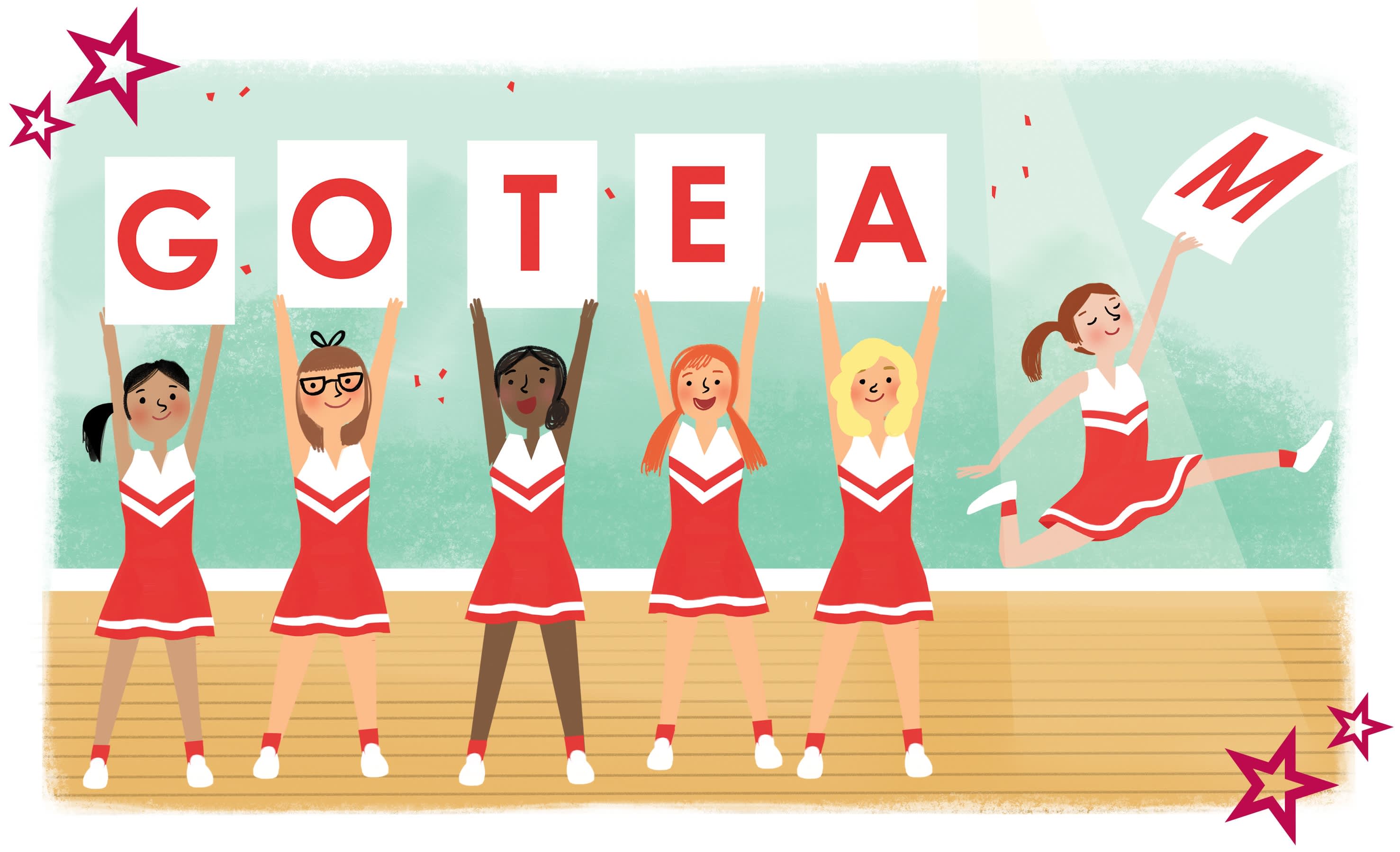 Illustrated cheerleaders holding a Go Team sign