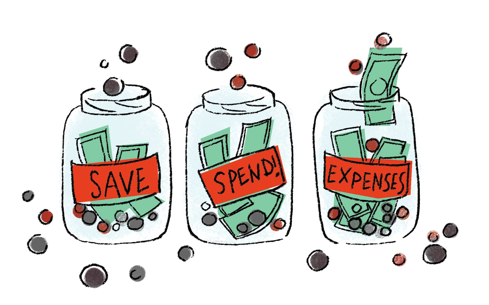 Three jars with labels: Save, Spend! and Expenses