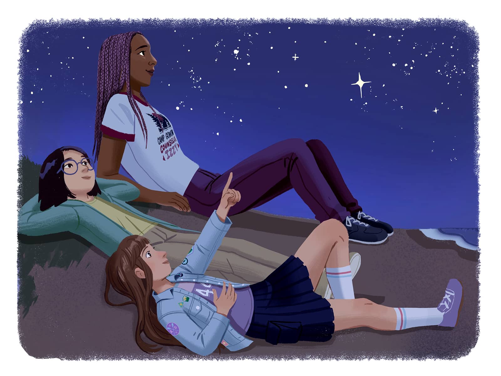 Illustration of Daisy and friends stargazing at nighttime