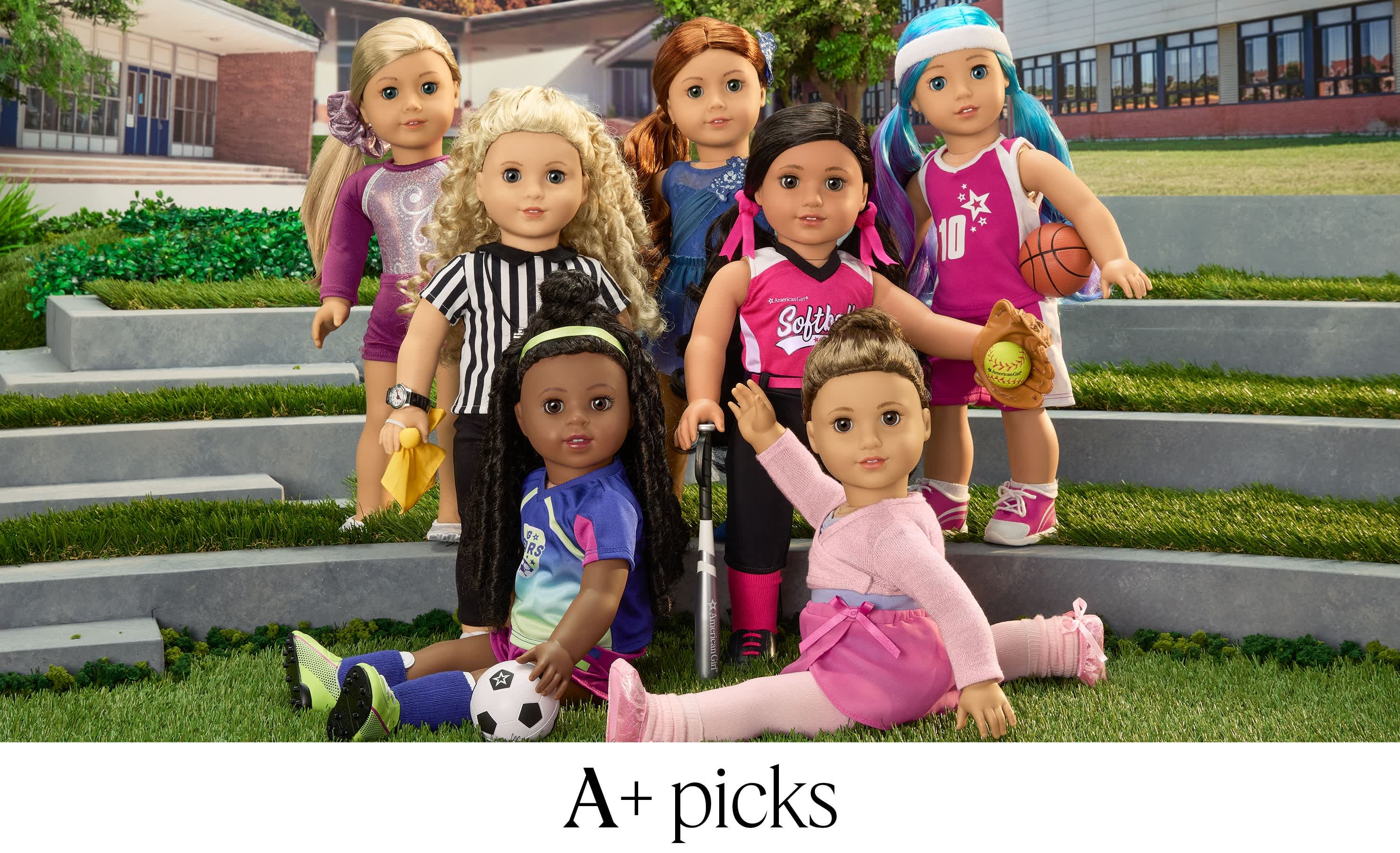 Group shot of dolls wearing sports uniforms