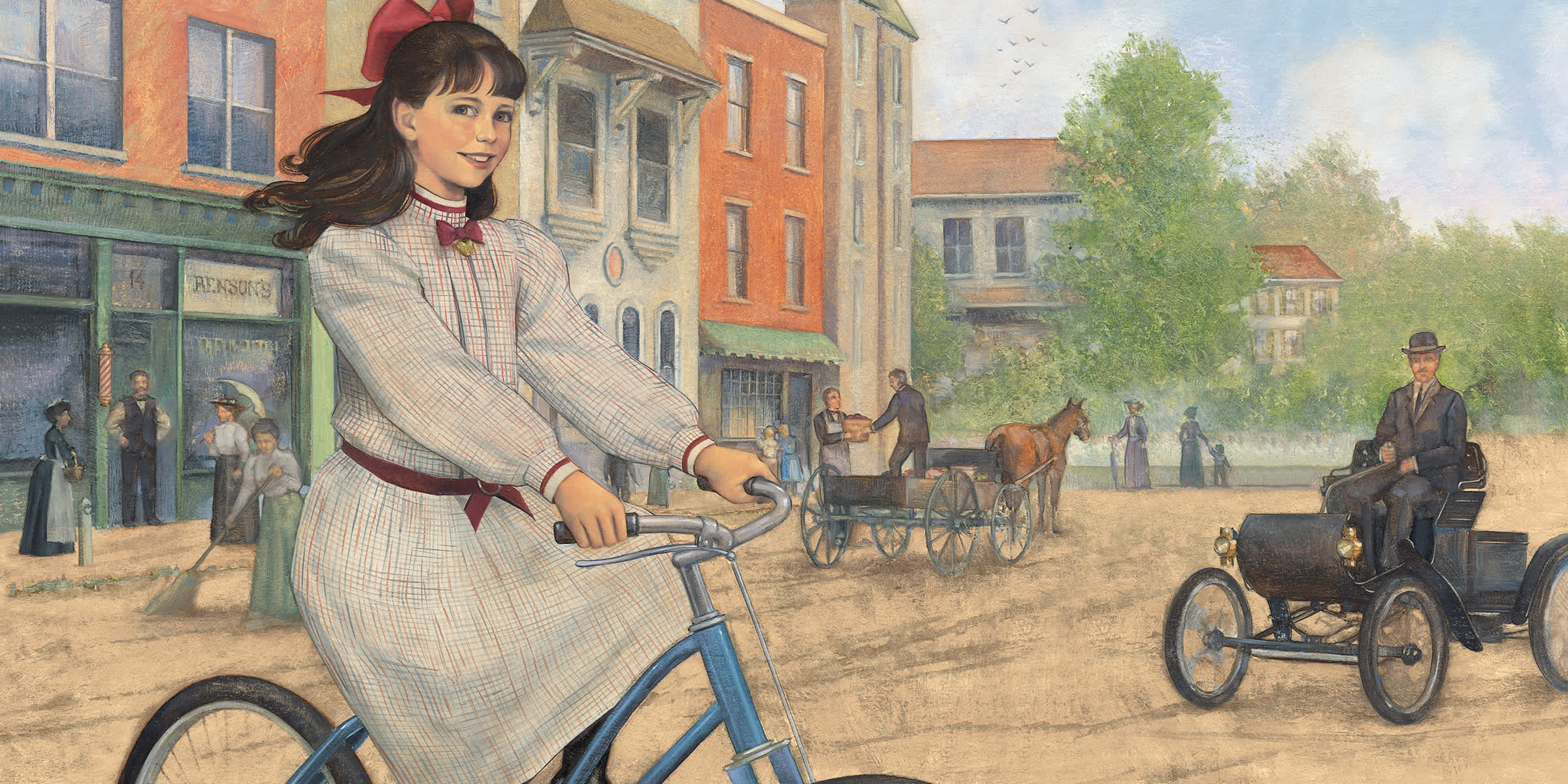 Illustrated image of Samantha Parkington riding her bike around town