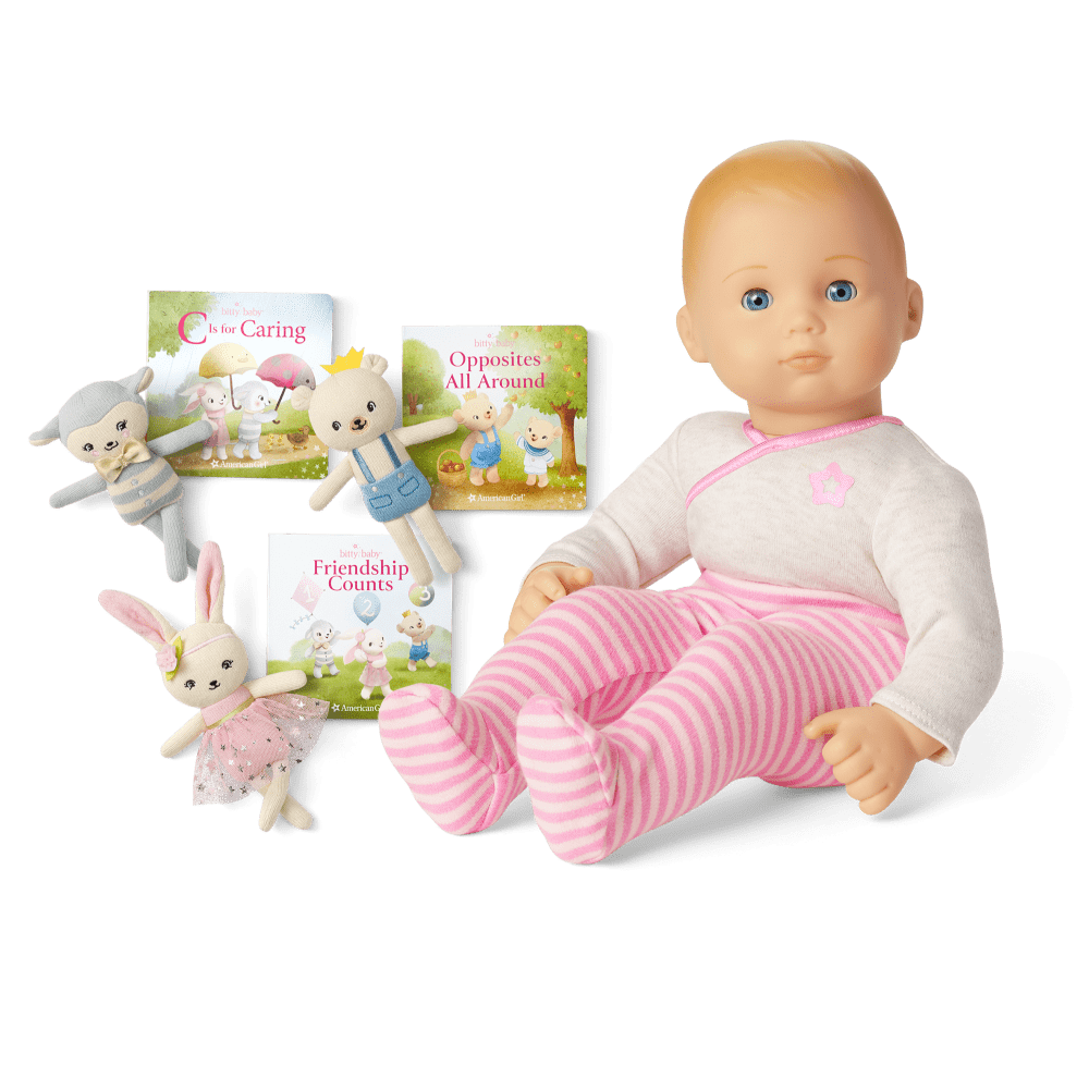 Bitty Baby® Doll #3 in Pretty Pink + Plush Friends & Board Books