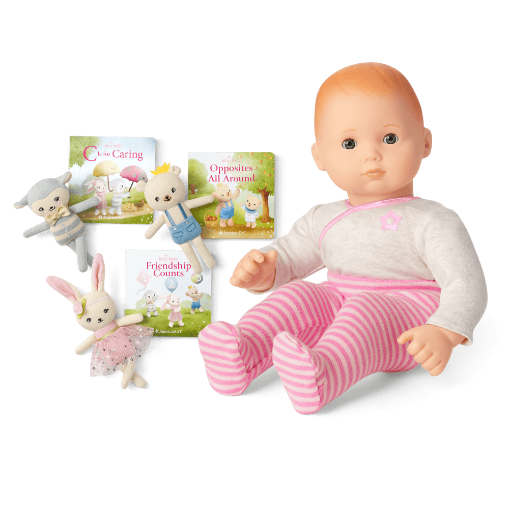Bitty Baby® Doll #6 in Pretty Pink + Plush Friends & Board Books