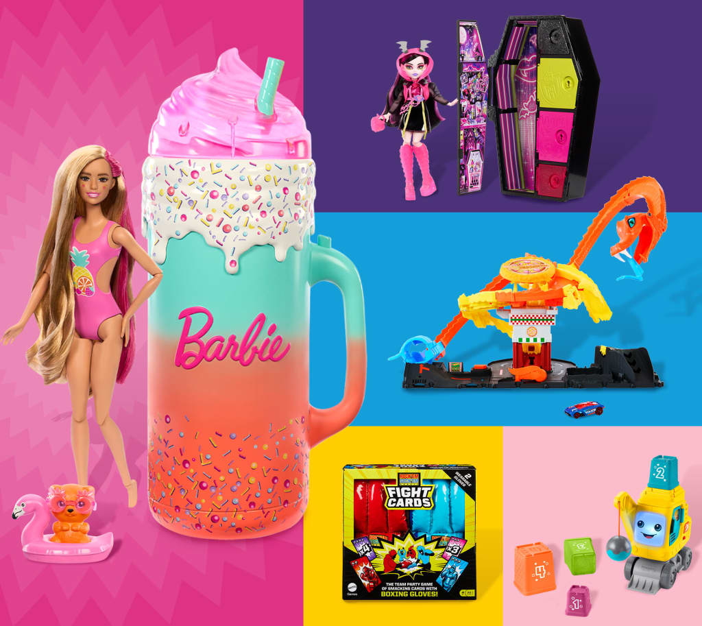 A collage of Mattel toys, including a Barbie doll, a Hot Wheels car track, and Monster High Dolls.