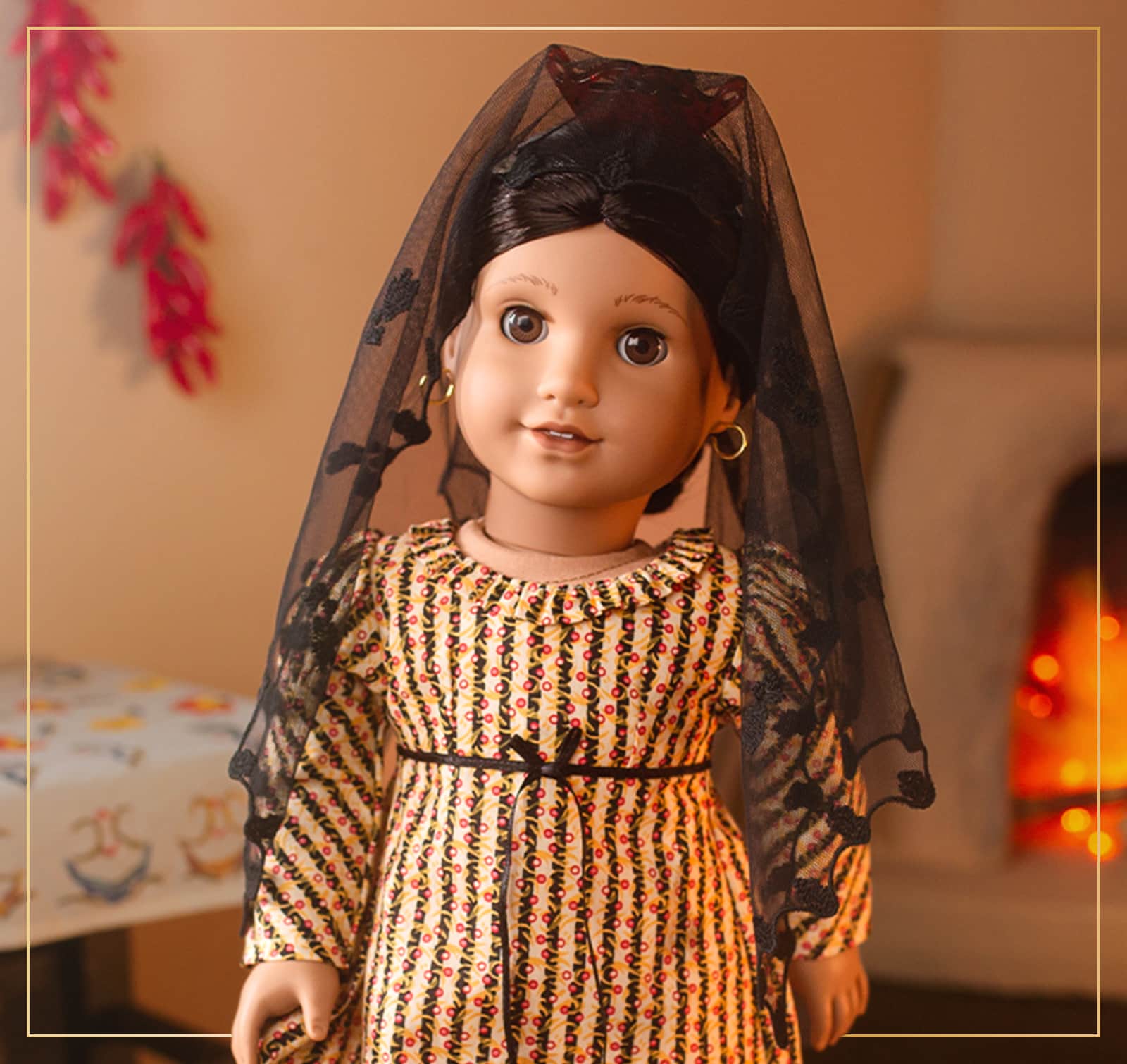 Josefina in a Christmas dress and mantilla