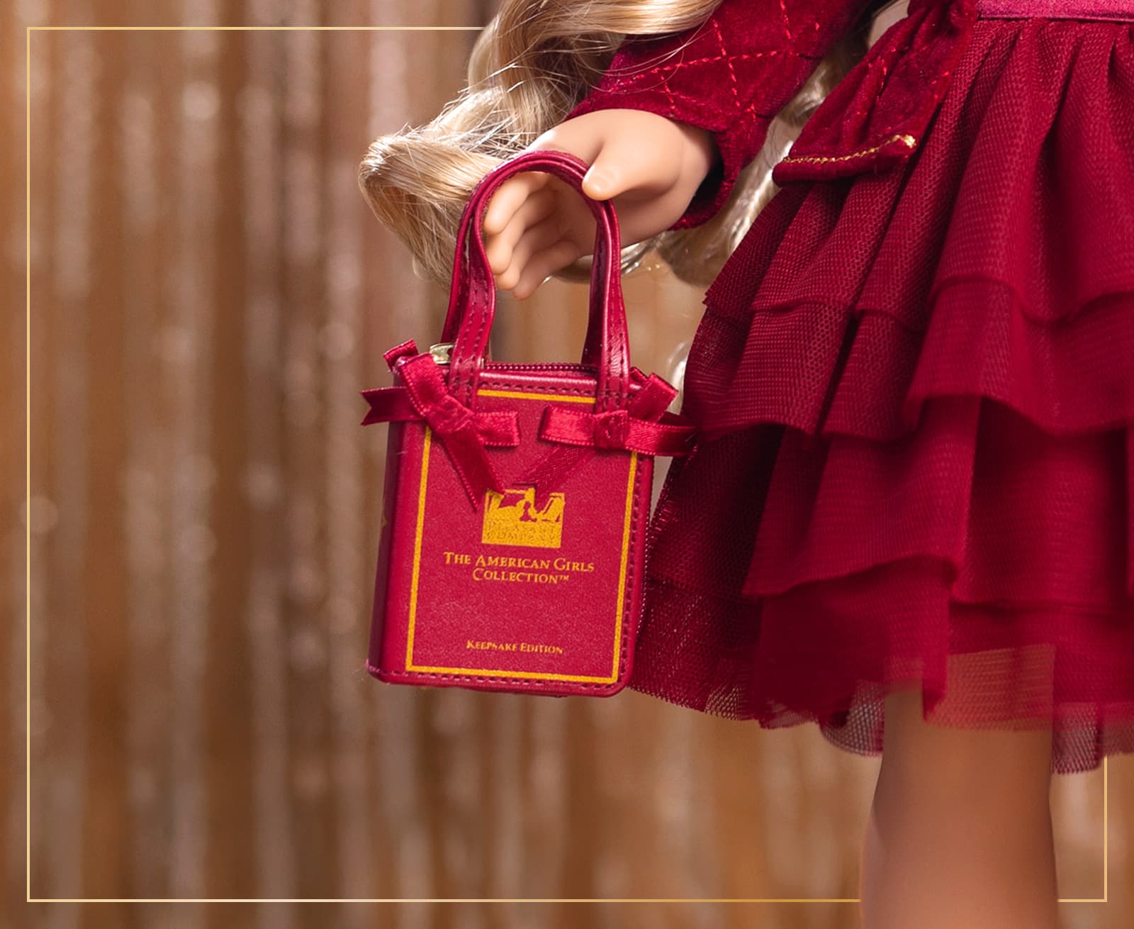 Close up of American Girl® 2026 Berry Sparkle™ Holiday Collector Doll's purse