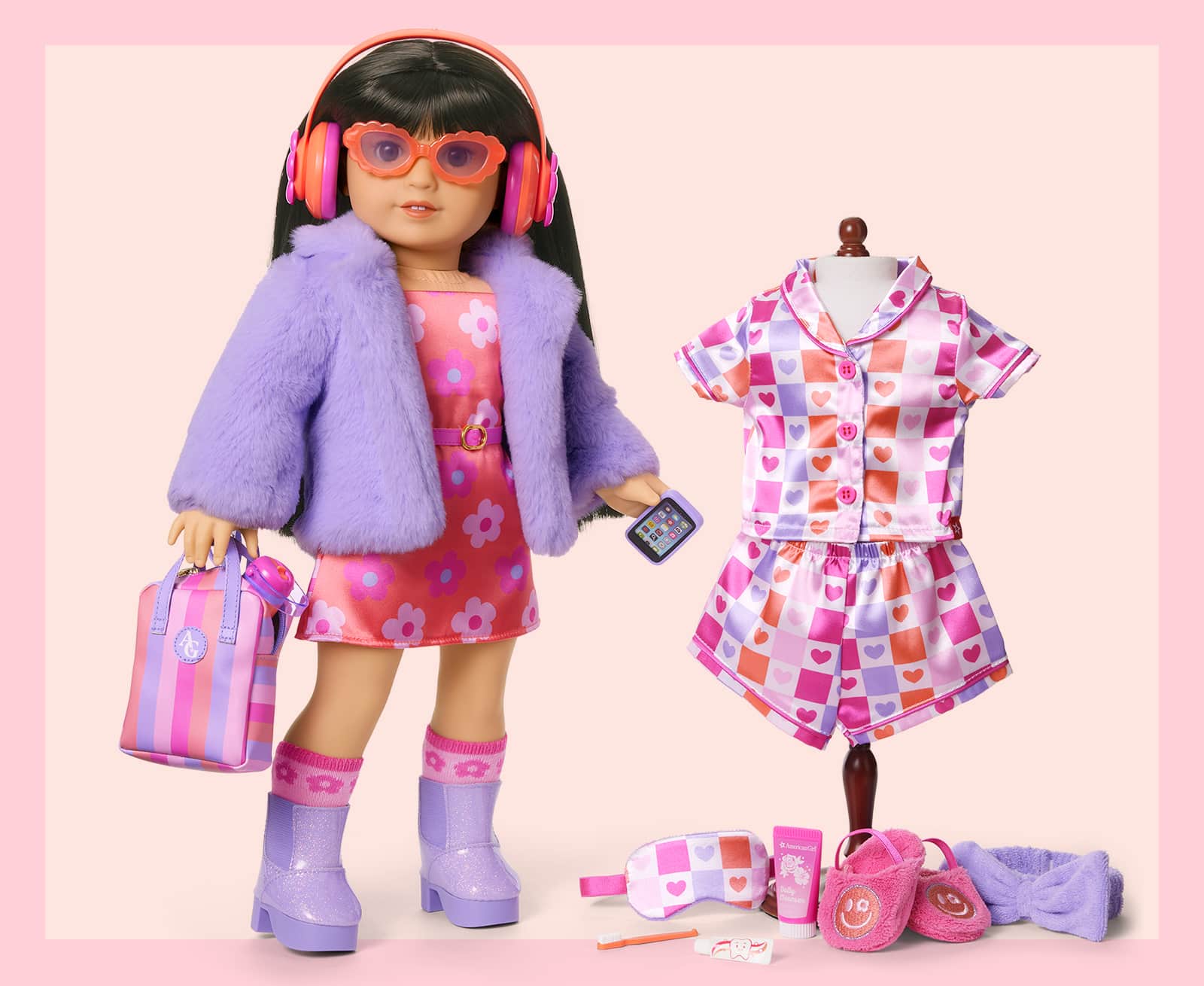 Doll standing next to pajama set