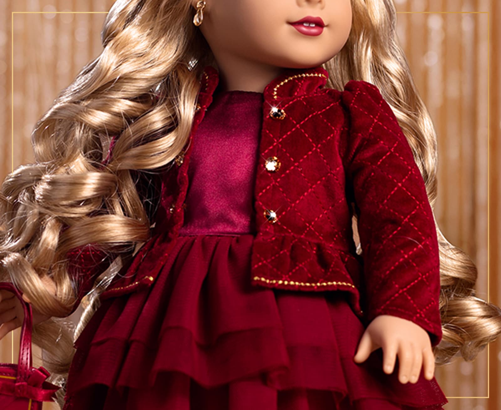 Close up of American Girl® 2026 Berry Sparkle™ Holiday Collector Doll's dress
