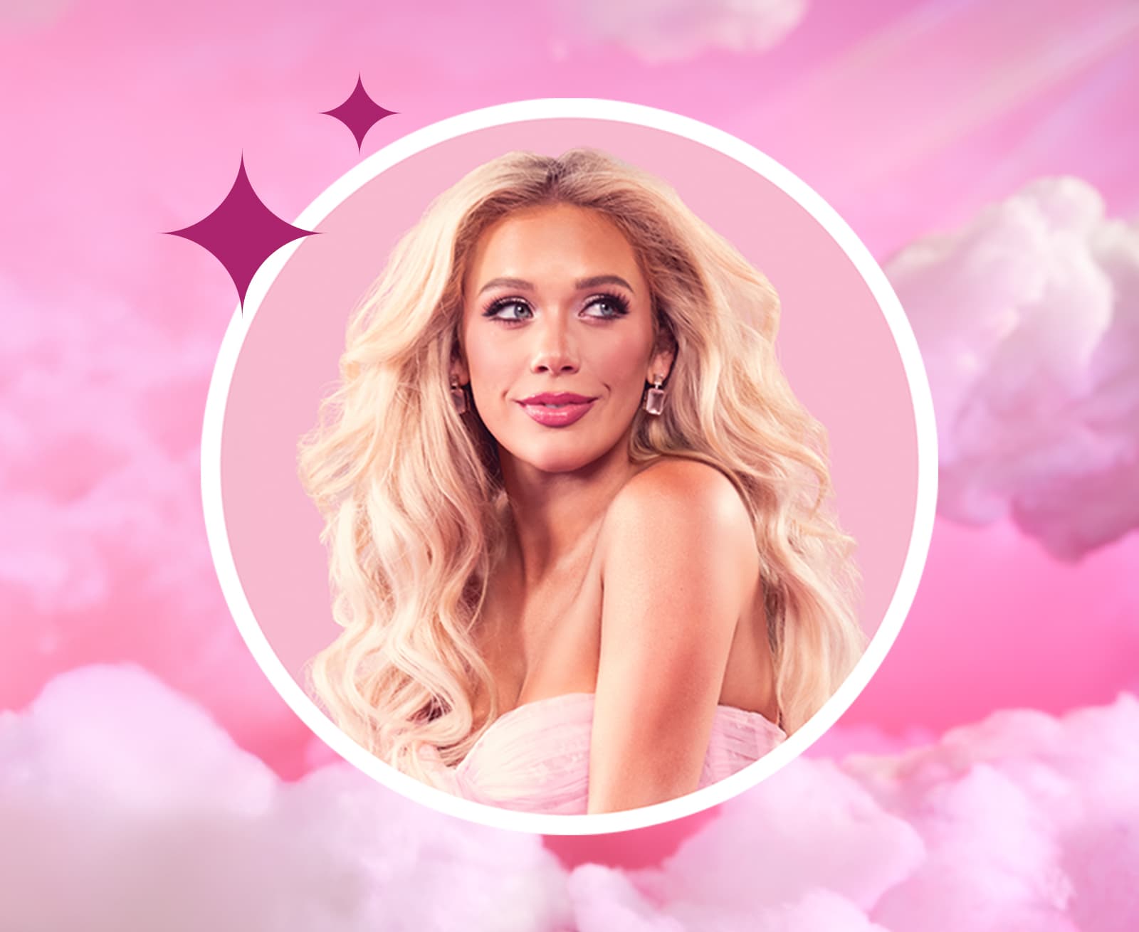 Megan Moroney with pink cloud background