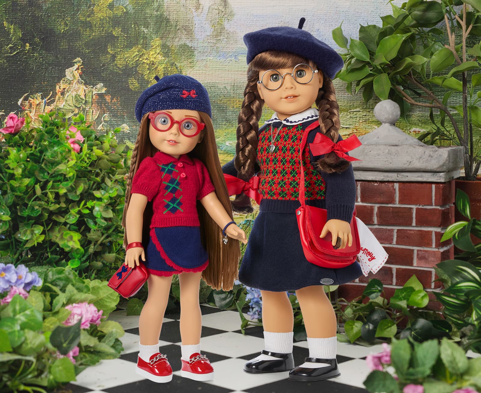 American Girl Molly doll, standing next to Modern Era Molly