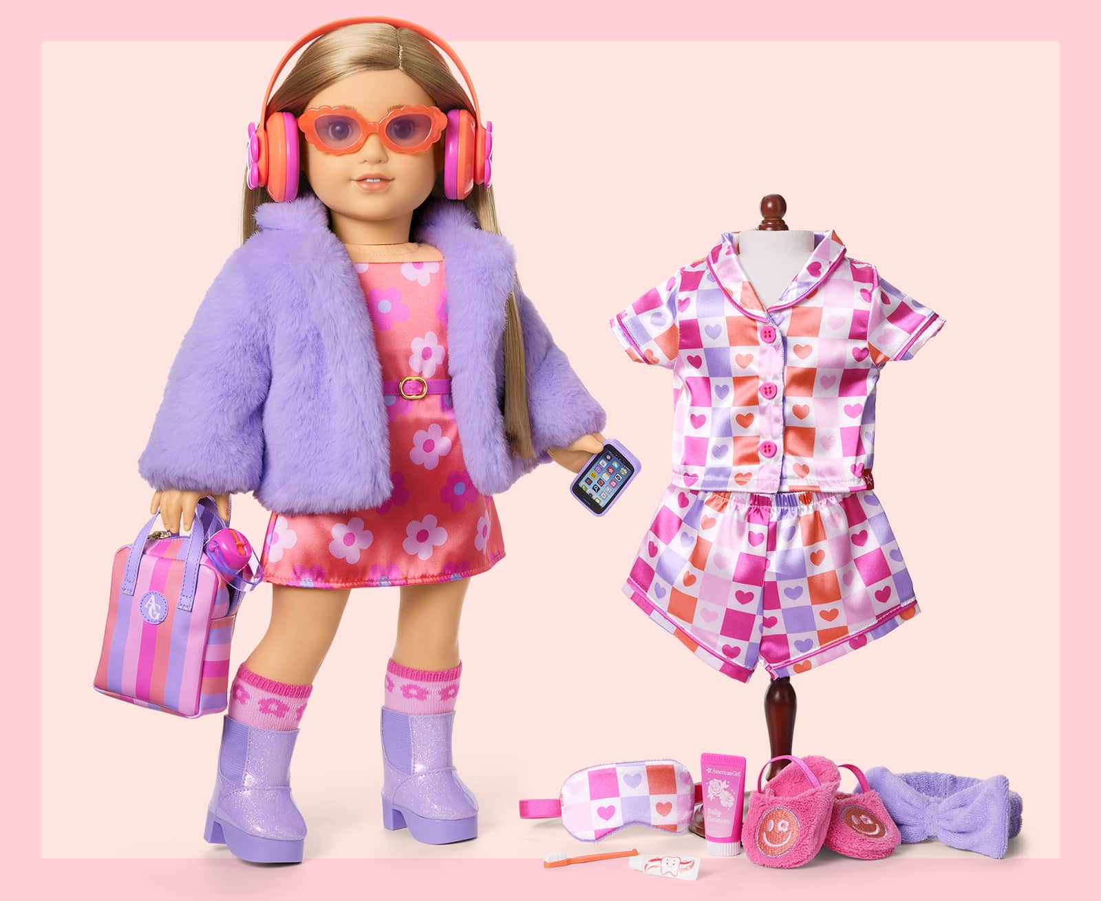 Doll standing next to pajama set