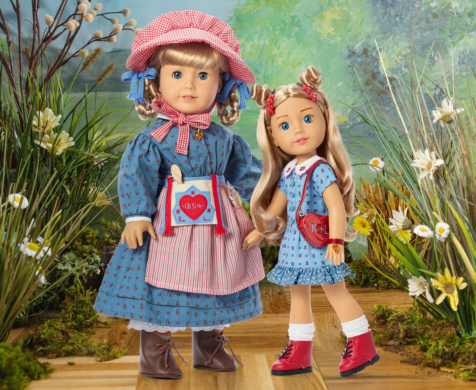 American Girl Kirsten doll, standing next to Modern Era Kirsten