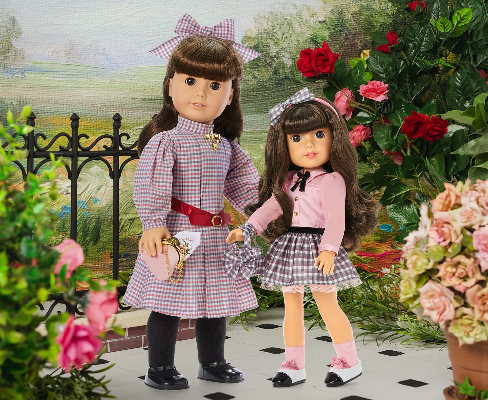 American Girl Samantha doll, standing next to Modern Era Samantha