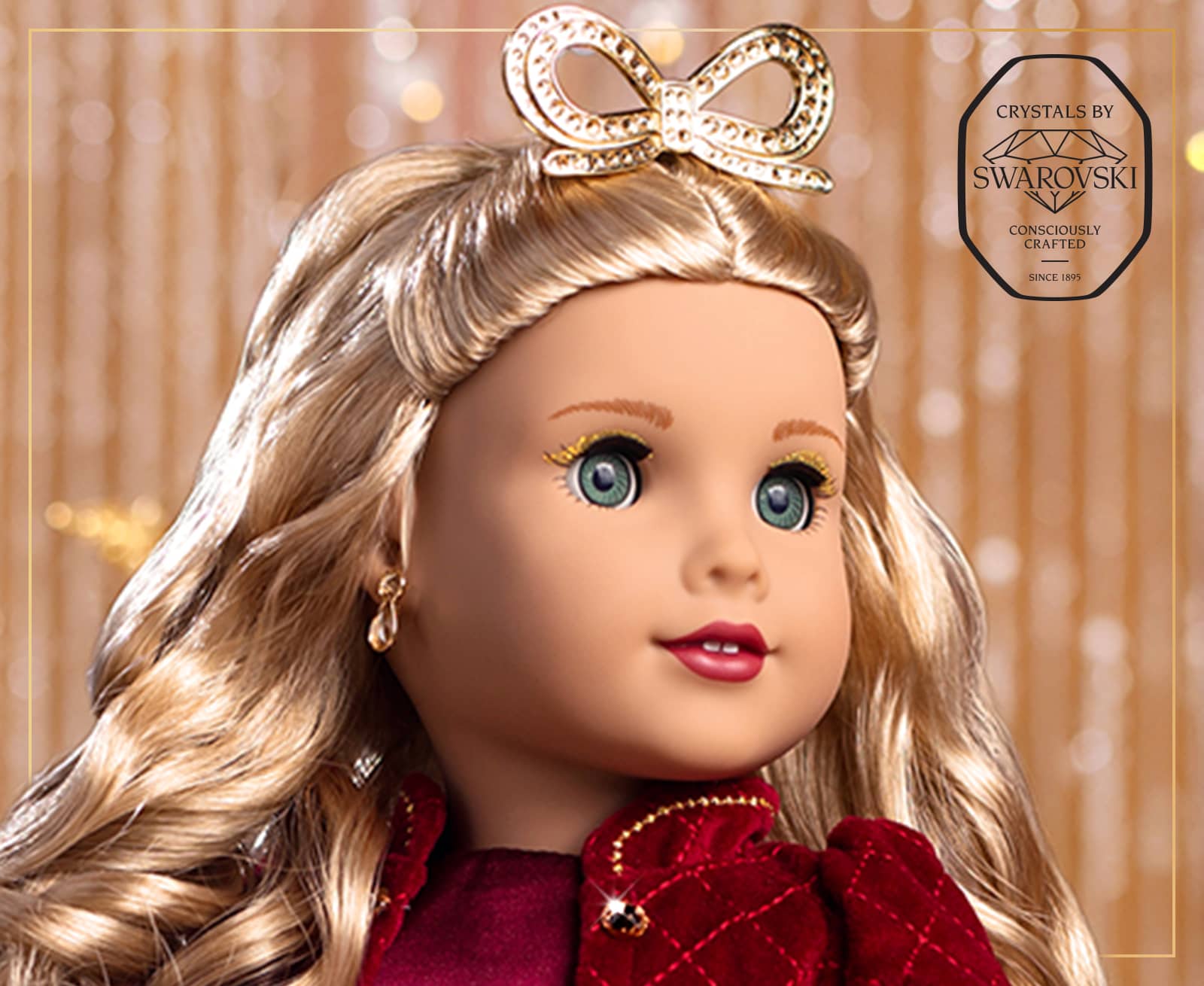 Close up view of American Girl® 2026 Berry Sparkle™ Holiday Collector Doll's face