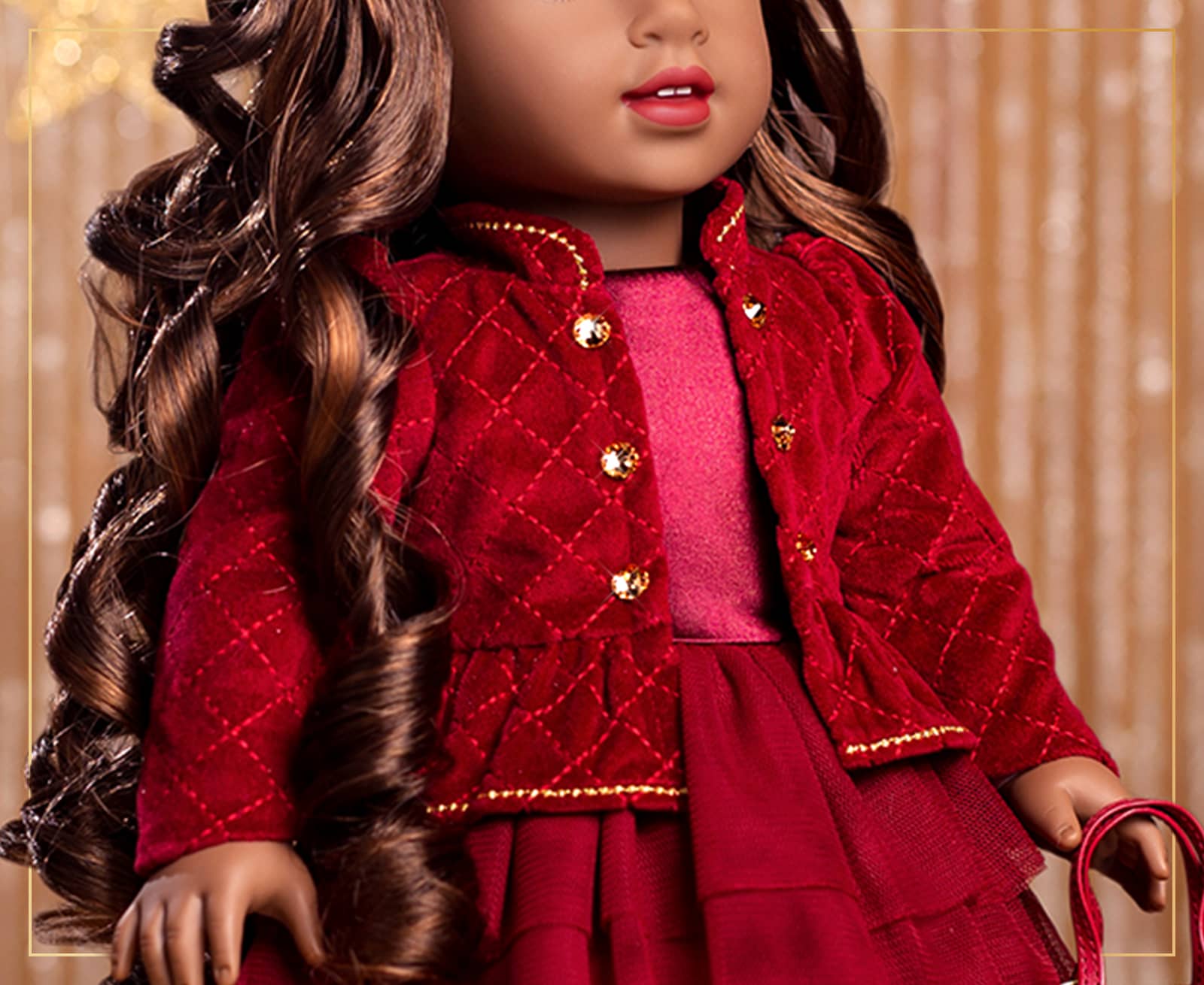 Close up of American Girl® 2026 Berry Sparkle™ Holiday Collector Doll's dress
