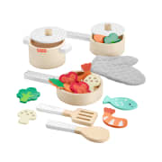 Fisher-Price Wooden Pots & Pans Set For Preschool Kitchen Pretend Play, 19 Pieces