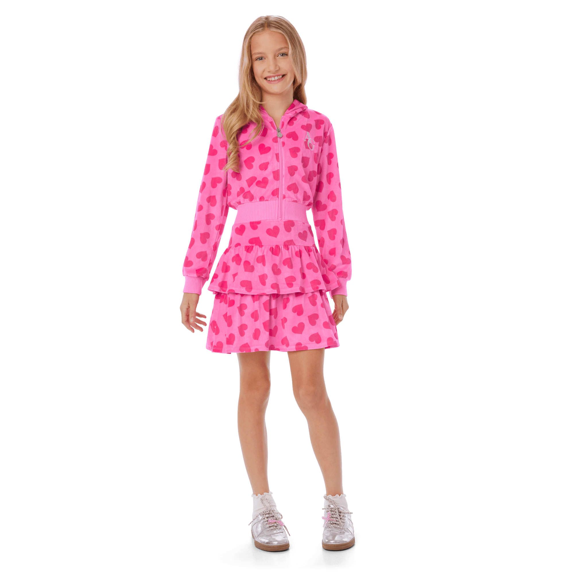 Pink Hearts Hoodie Dress for Girls & 18-inch Dolls