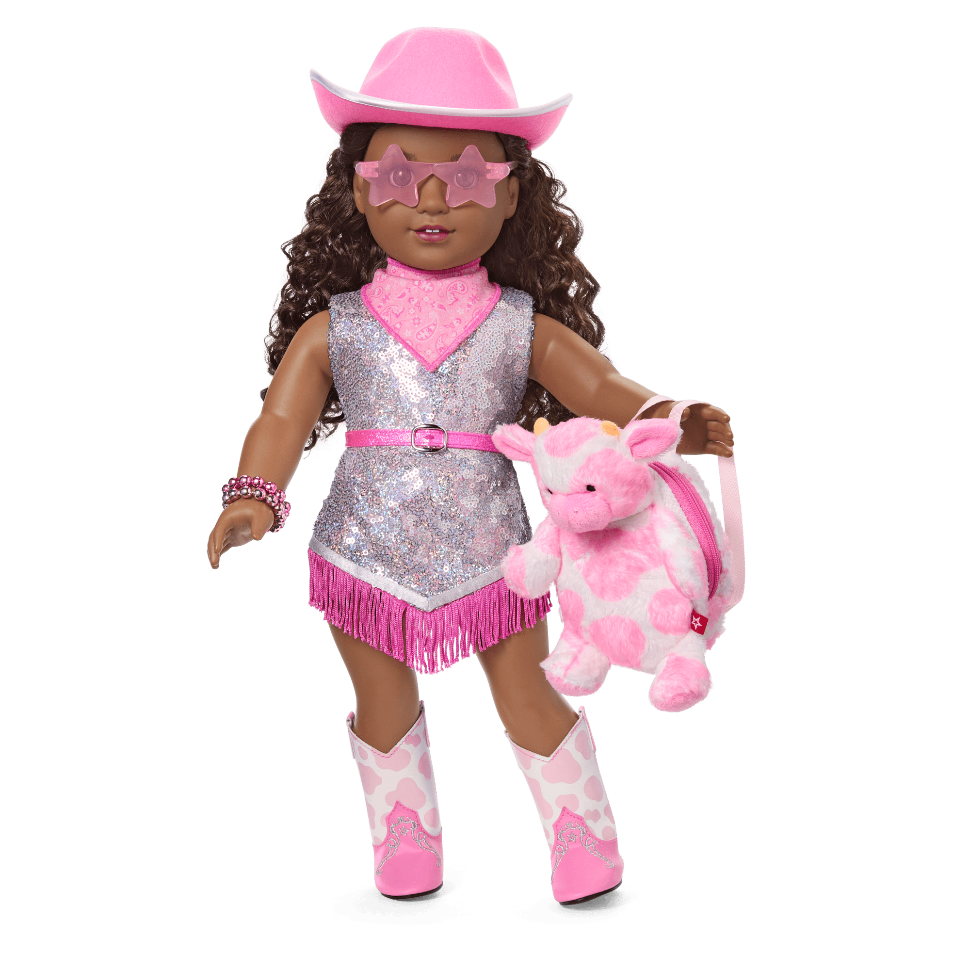 Glam Pink Cowgirl Outfit & Pink Spotted Cow Backpack & Accessory Set  Bundle