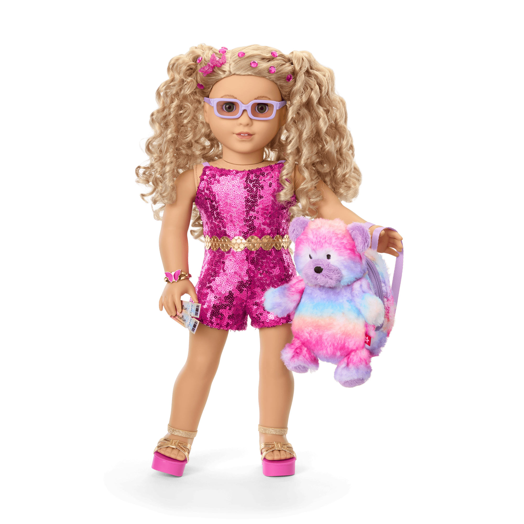 Glam Sparkly Concert Outfit & Colorful Teddy Bear Backpack & Accessory Set Bundle