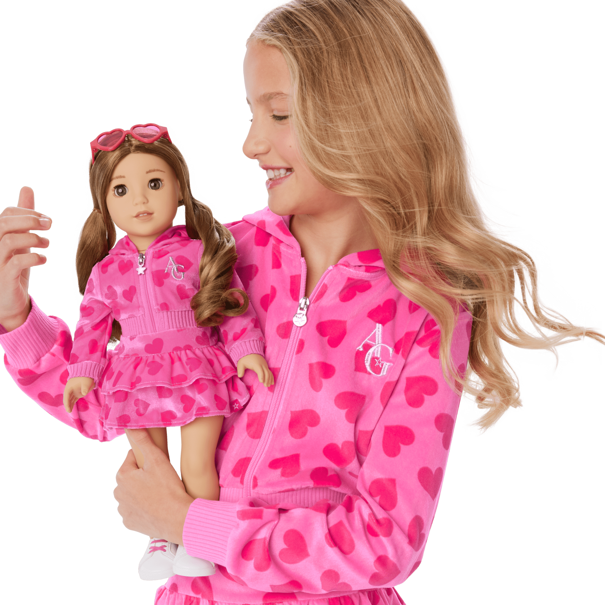 Pink Hearts Hoodie Dress for Girls & 18-inch Dolls