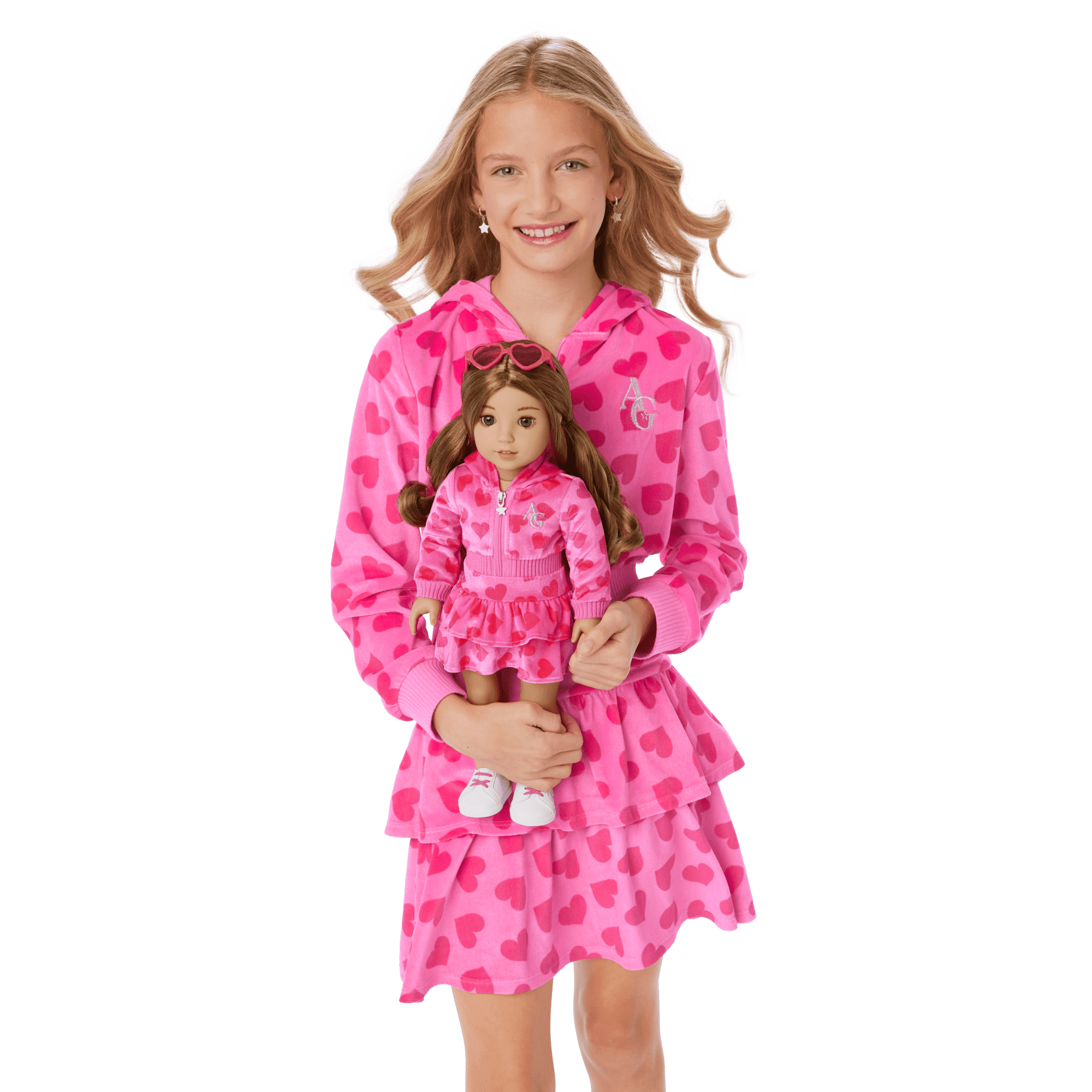Pink Hearts Hoodie Dress for Girls & 18-inch Dolls