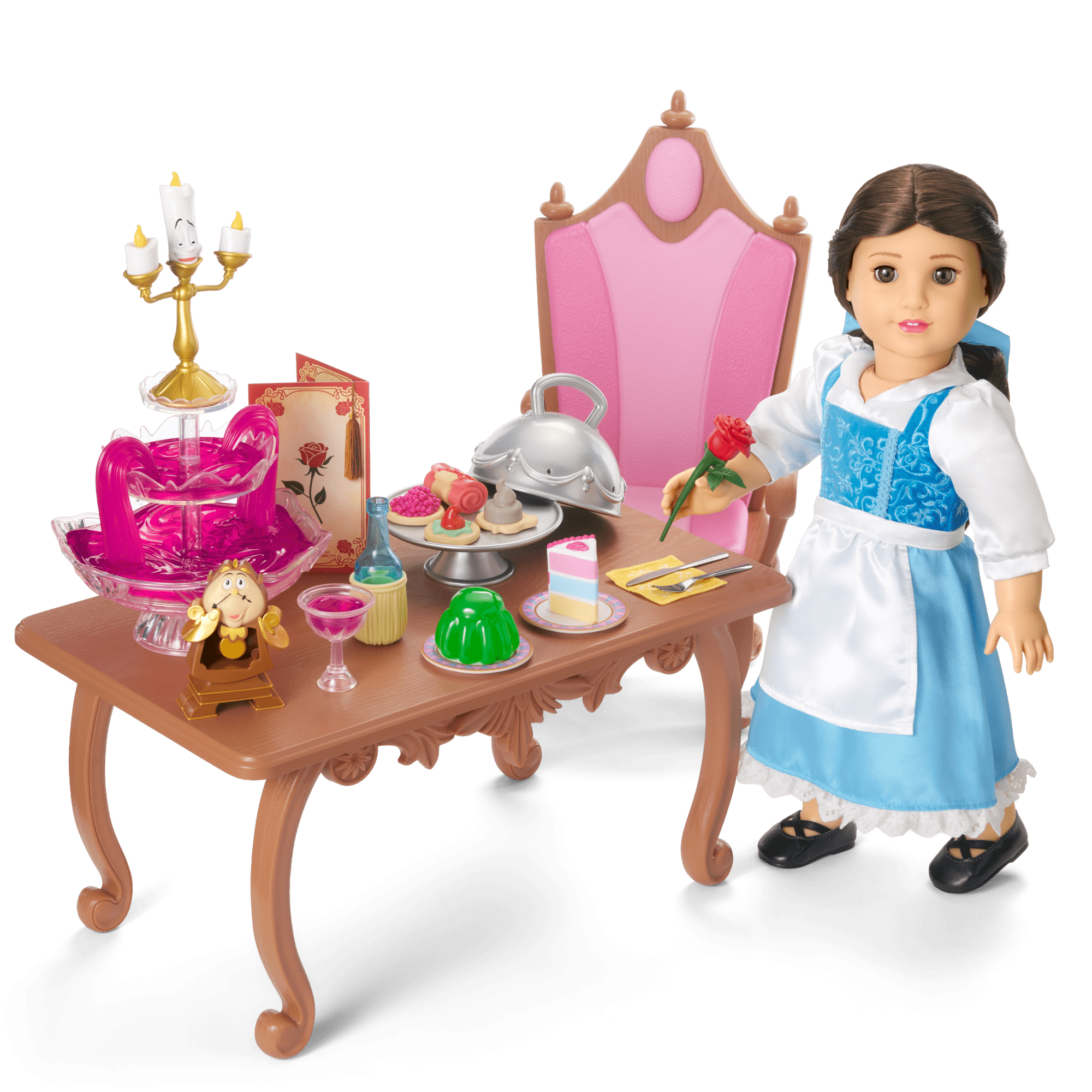 Disney Princess Belle Enchanted Castle Dining Set, Blue Dress & Friends Bundle for 18-inch Dolls
