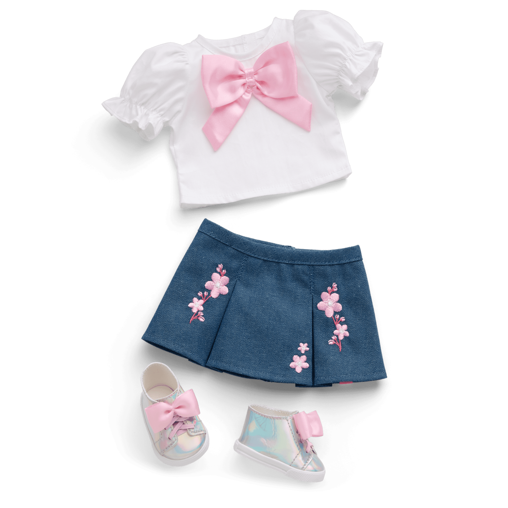 American Girl® x Harlem’s Fashion Row Cherry Blossom Couture Bow Shirt & Jean Skirt for 18-inch Dolls