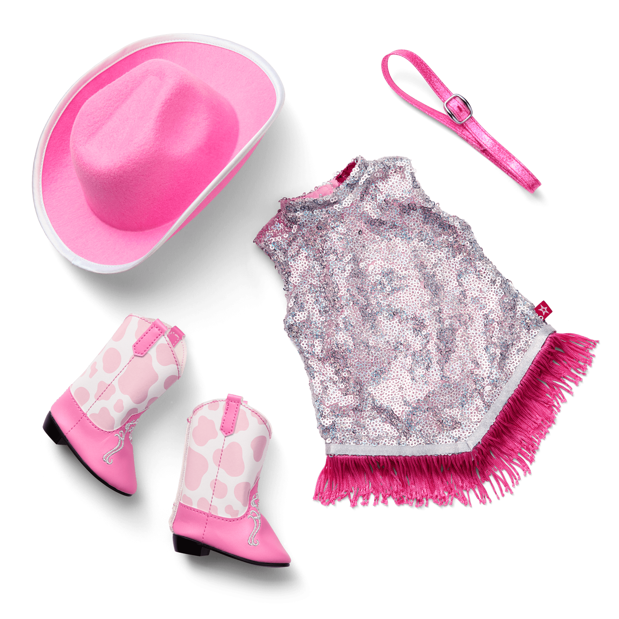 Glam Pink Cowgirl Outfit & Pink Spotted Cow Backpack & Accessory Set Bundle
