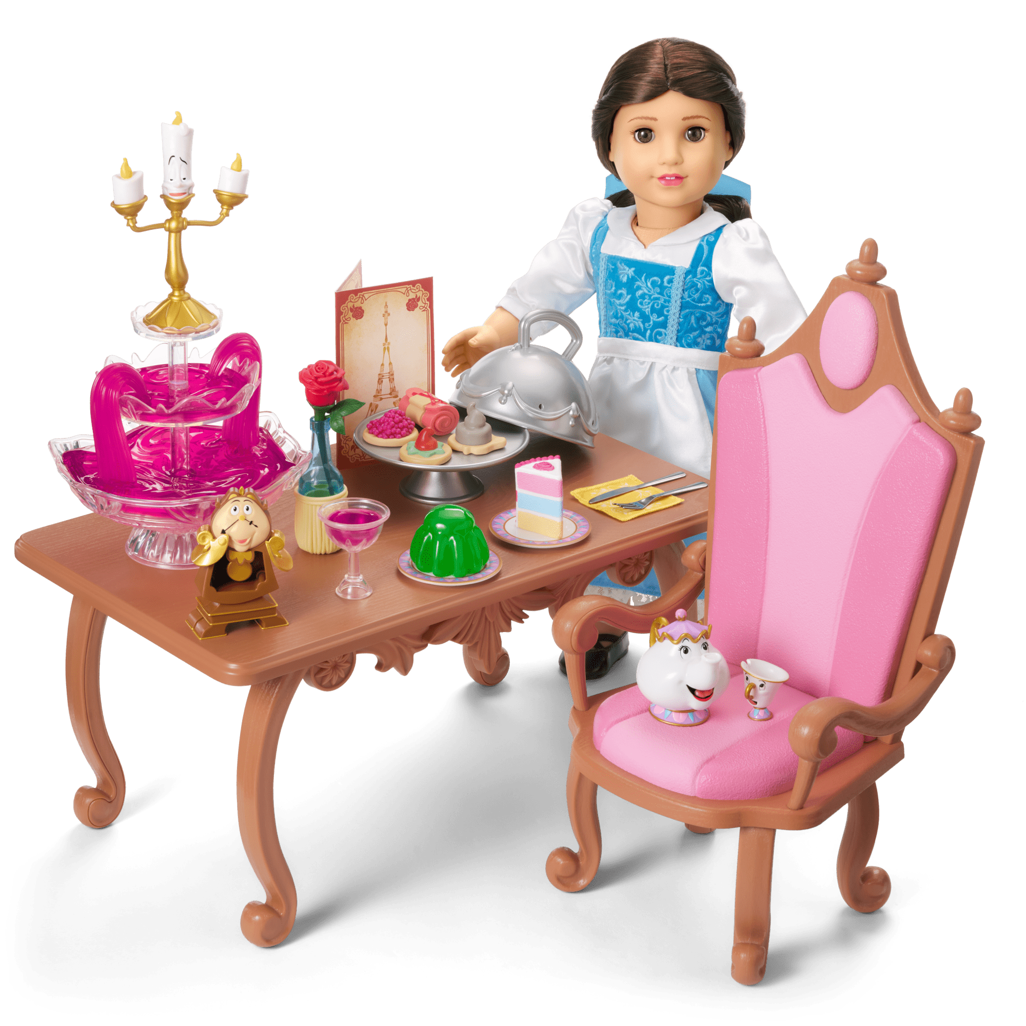 Disney Princess Belle Enchanted Castle Dining Set, Blue Dress & Friends Bundle for 18-inch Dolls