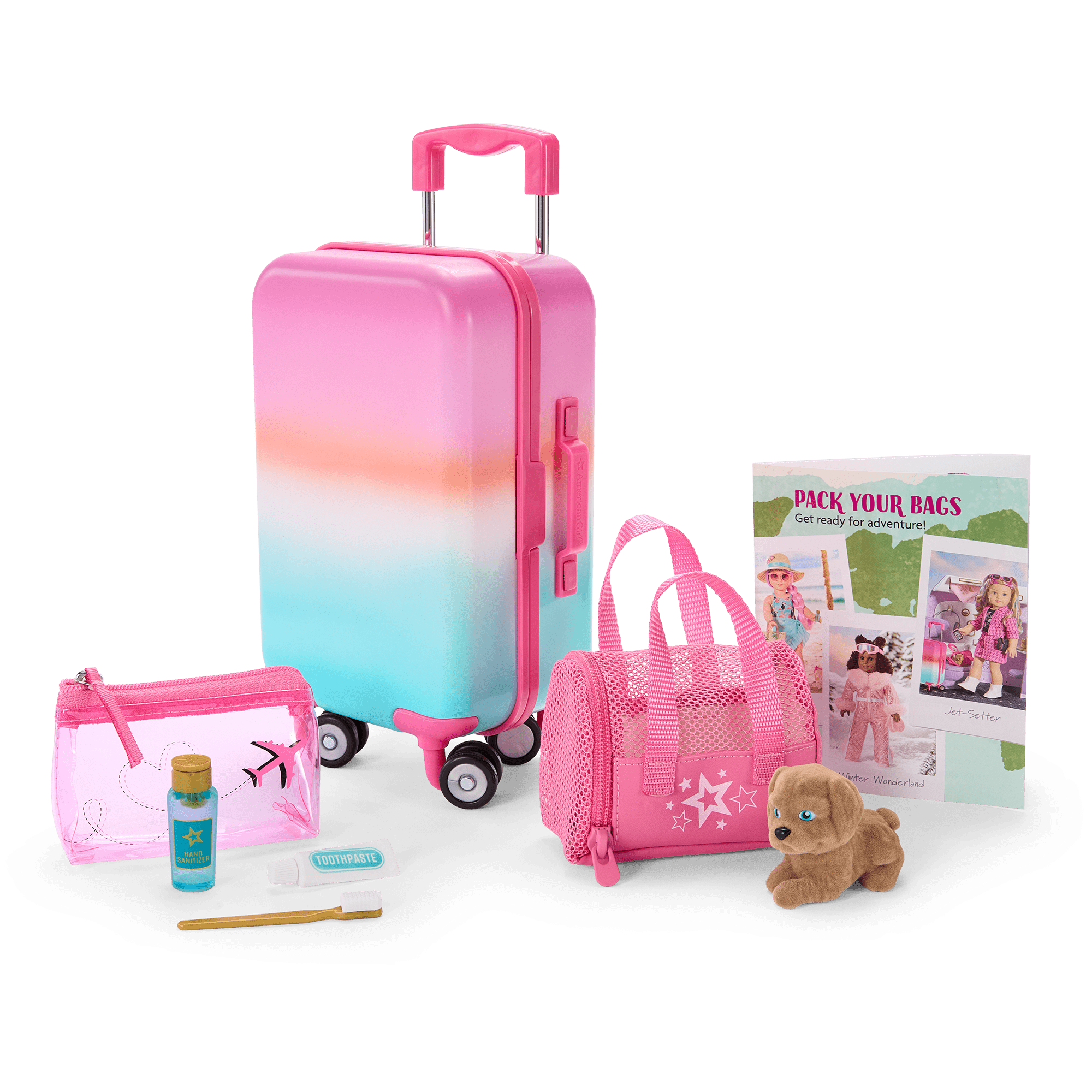american girl travel backpack Emily Rose 14 Inch Doll Carrier - Pink Hearts Design with Wheeled Trolley, Removable Bed & Bedding - Compatible with Wellie Wishers - USA Brand Bestie on board Badger Basket, Doll Travel Backpack,