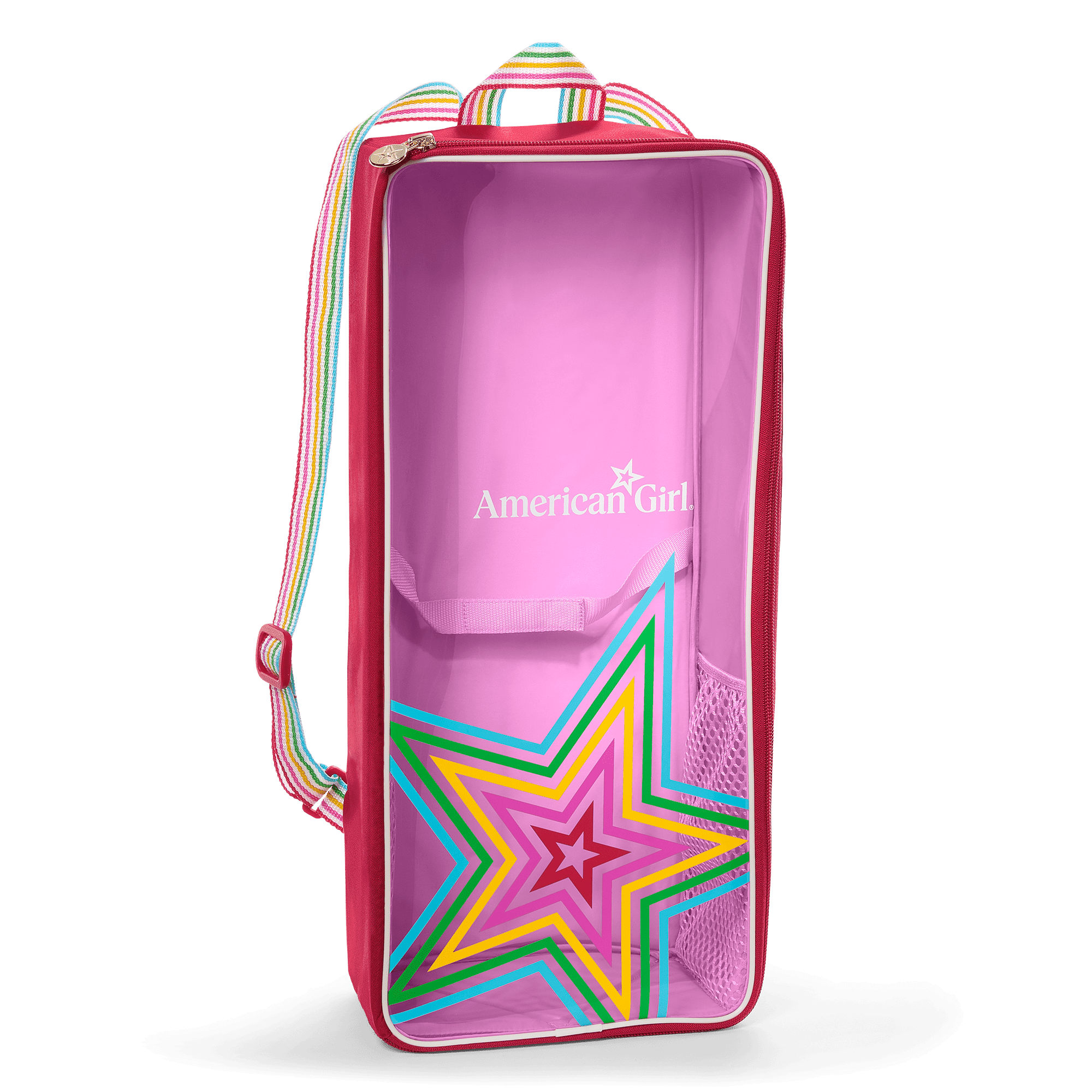 american girl doll travel backpack Emily Rose 14 Inch Carrier - Pink Hearts Design with Wheeled Trolley, Removable Bed & Bedding - Compatible with Wellie Wishers plated zipper pull with inner star detail School Backpack Set II |