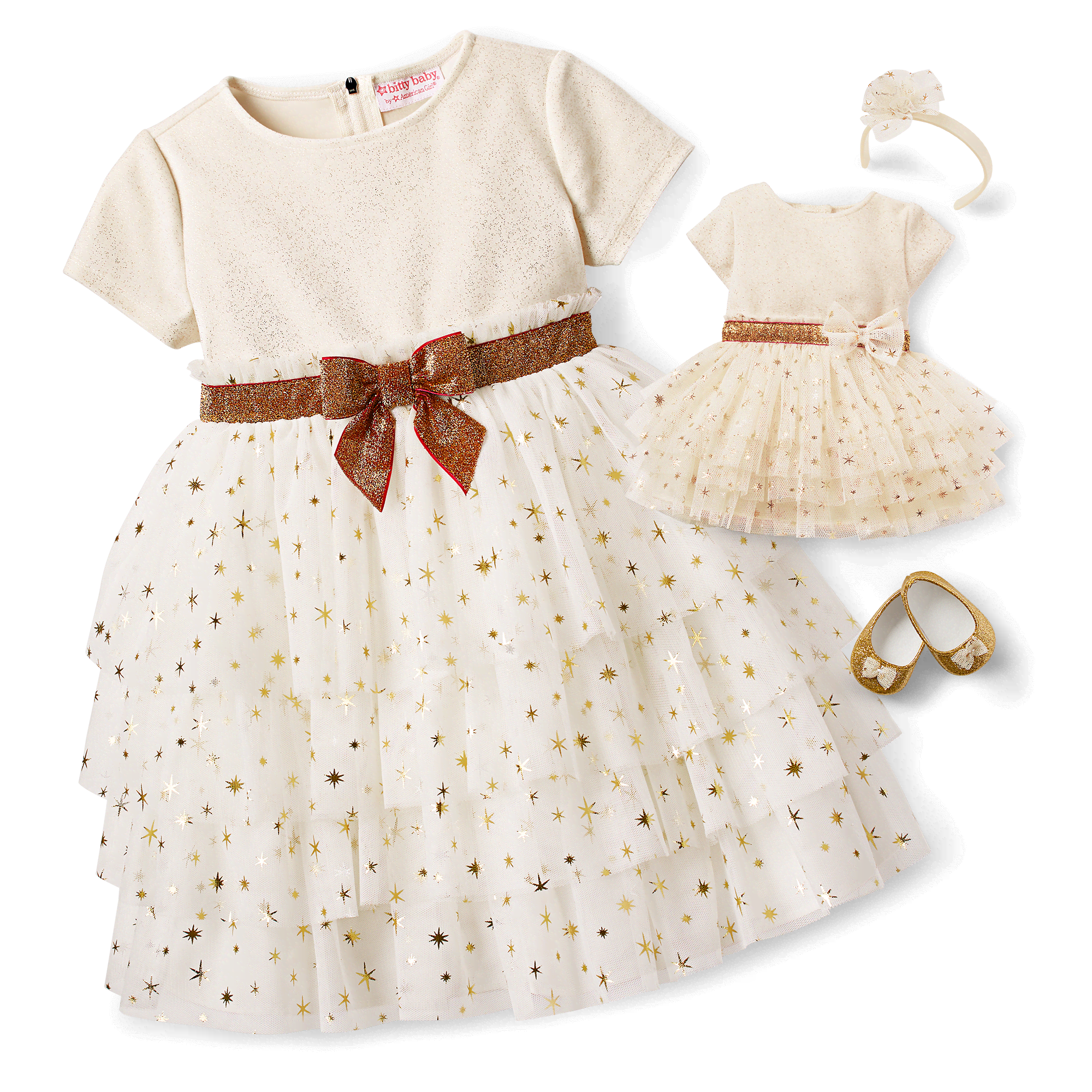 Golden Twinkle Dress for Little Girls & Bitty Baby Dolls Golden Twinkle Dress for Little Girls & Bitty Baby Dolls