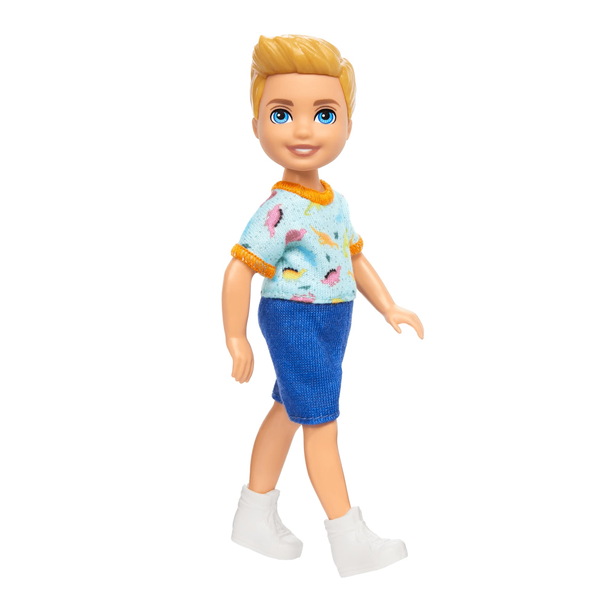 Barbie Chelsea Doll Small Boy Doll Wearing Removable One Piece With Dino Print Blond Hair Blue Eyes