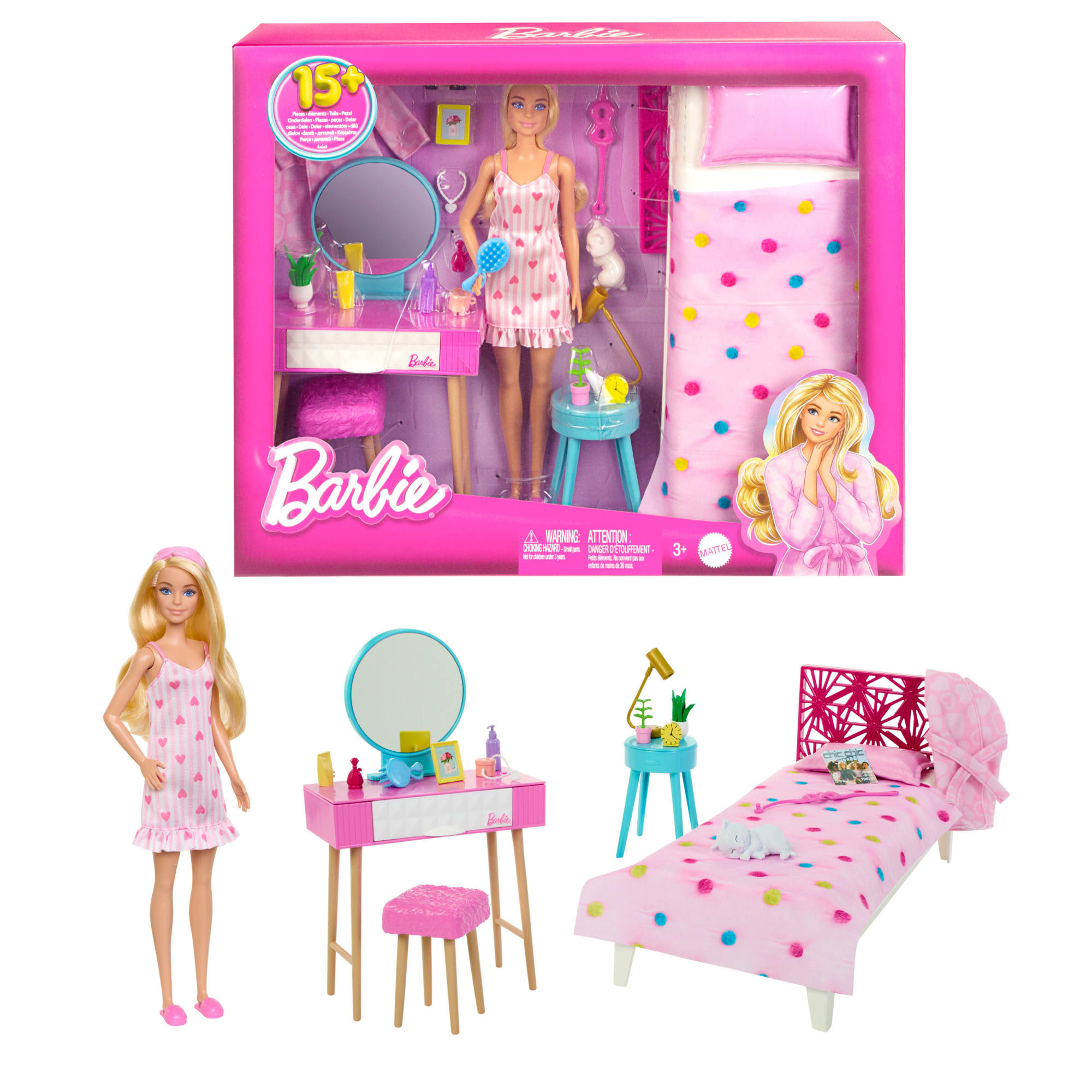 Barbie Doll and Bedroom Playset Barbie Furniture with 20 Pieces Mattel