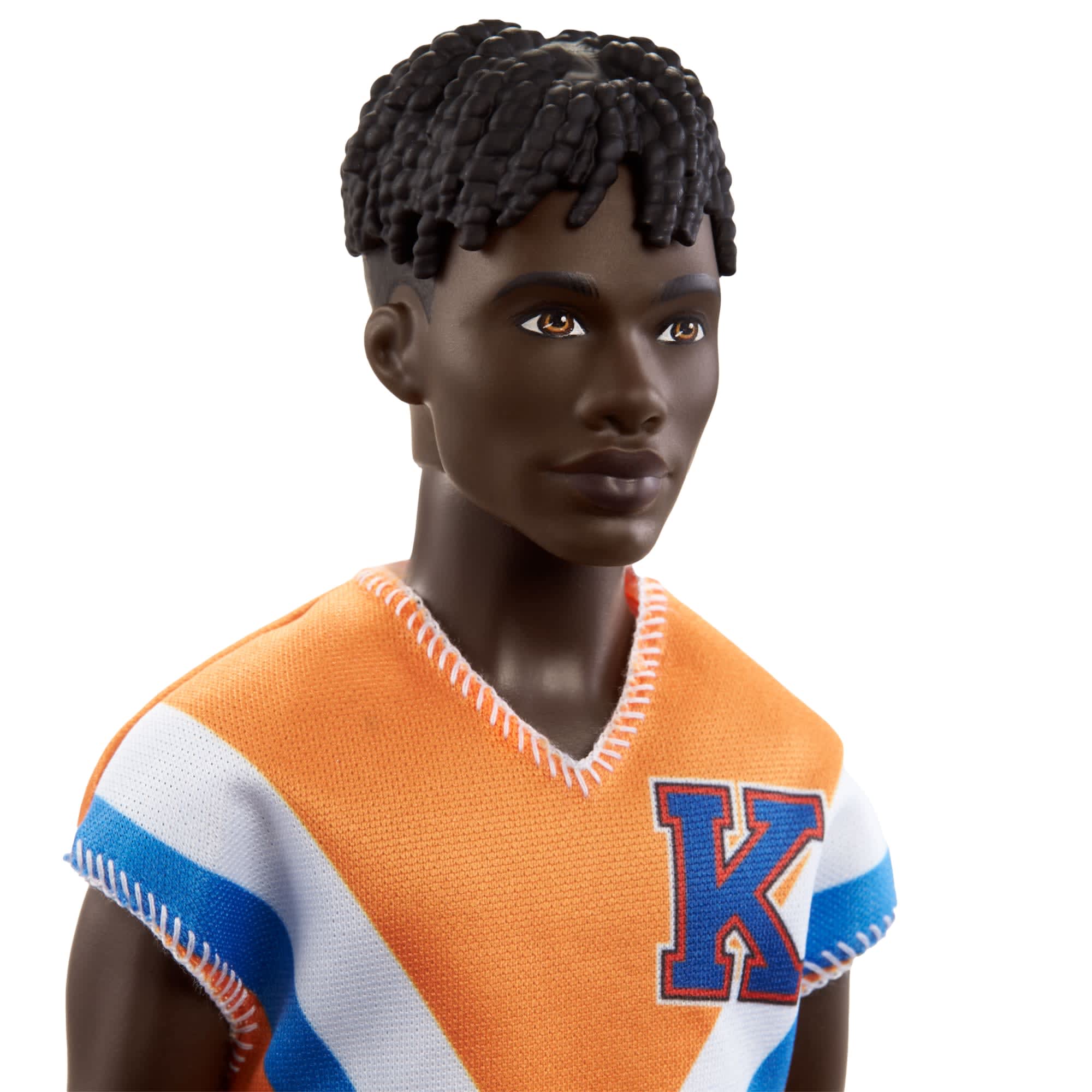 Barbie Fashionistas Ken Fashion Doll with Twisted Black Hair Wearing Orange Athletic Jersey Shorts White Sneakers Mattel