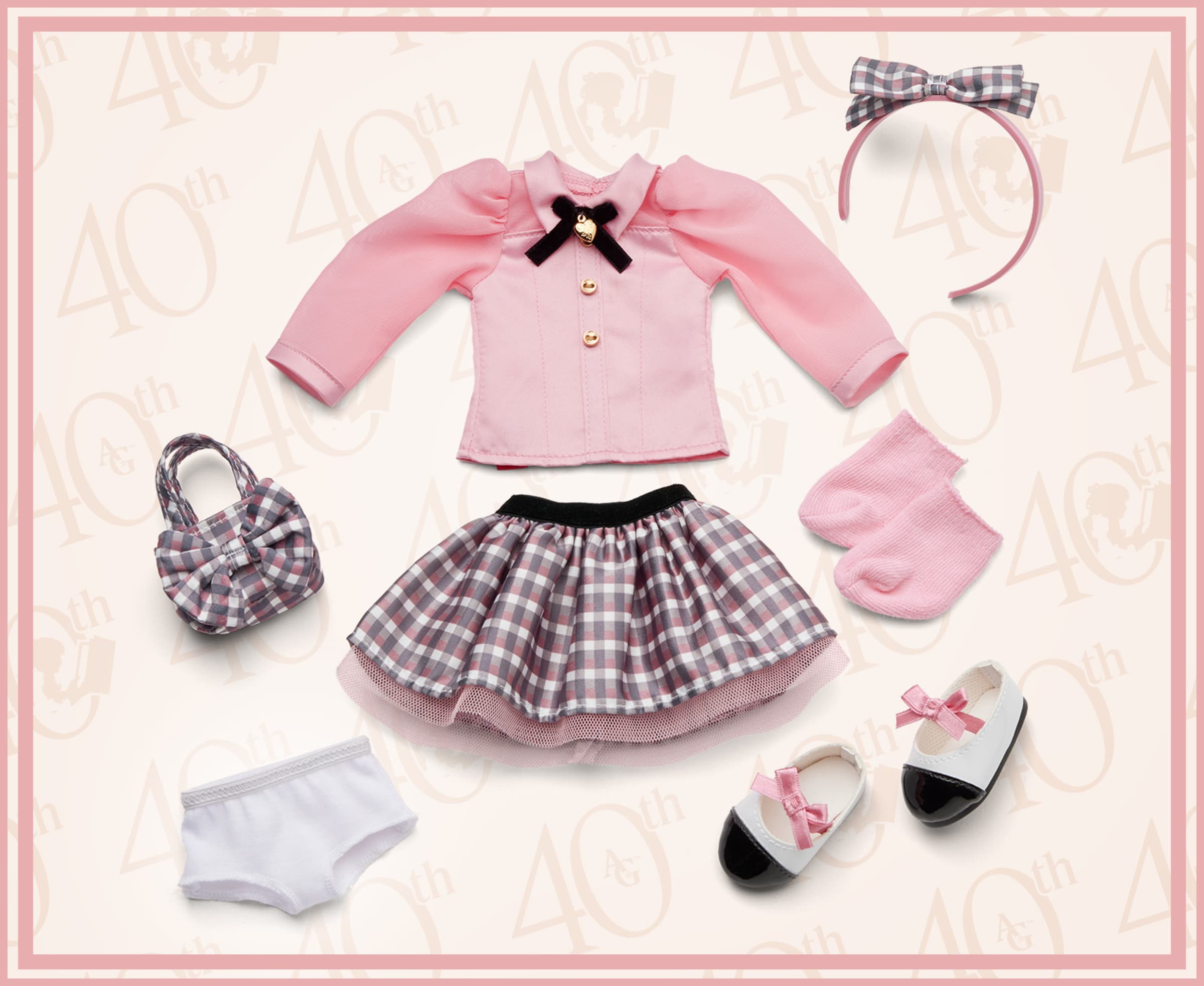Modern Era Samantha's Outfit including a playful skirt, pink long-sleeved top, socks, bag, headband, and underwear